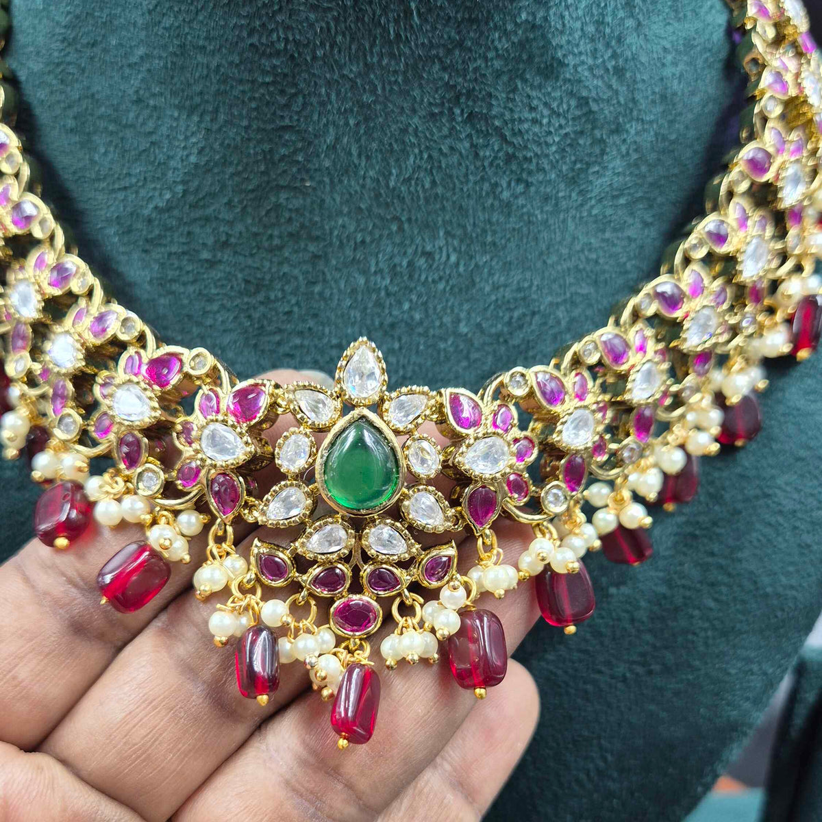 Ruby Green Stone Floral Necklace Set with Pearl Drops | Designer Jewellery