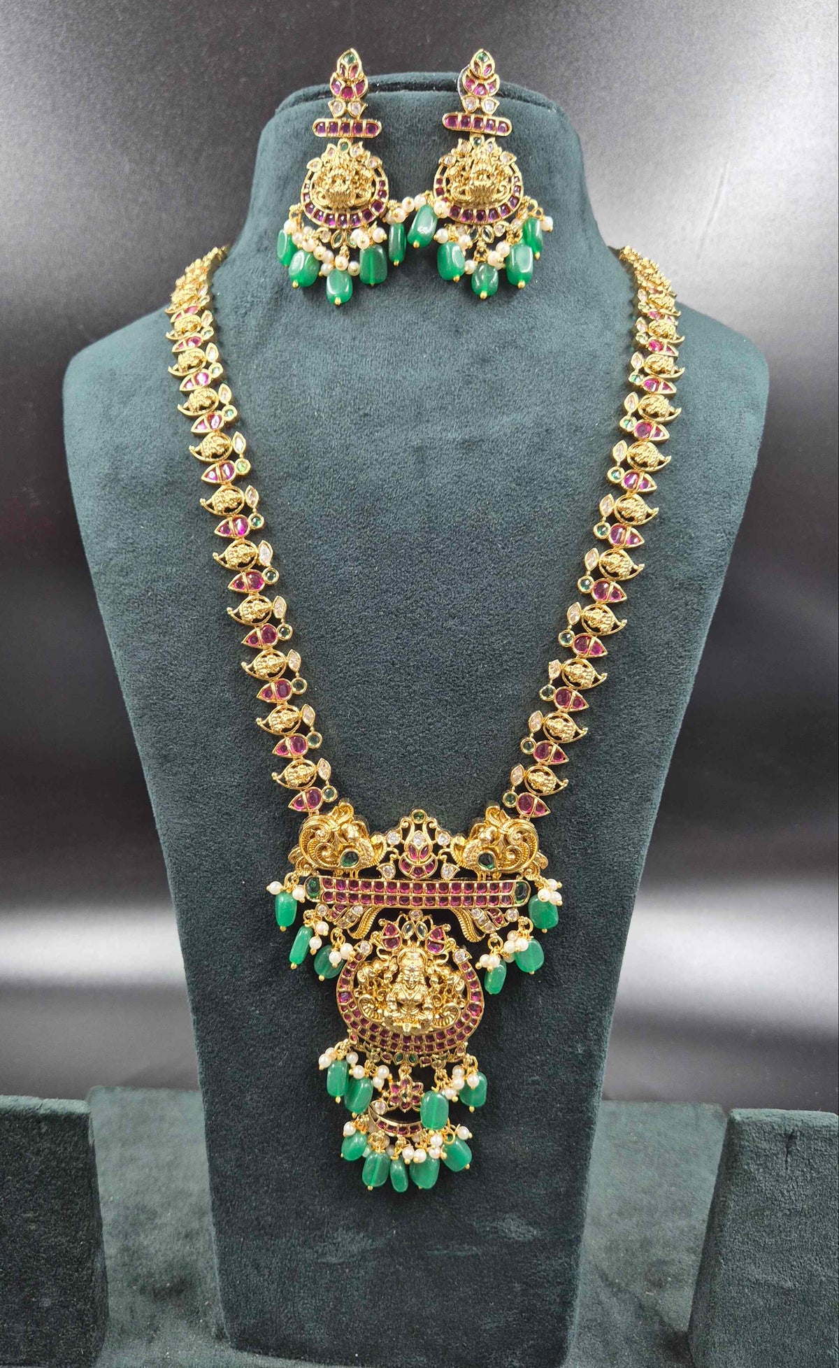 Jadau Kundan Lakshmi Haram with Green Beads | Traditional Bridal