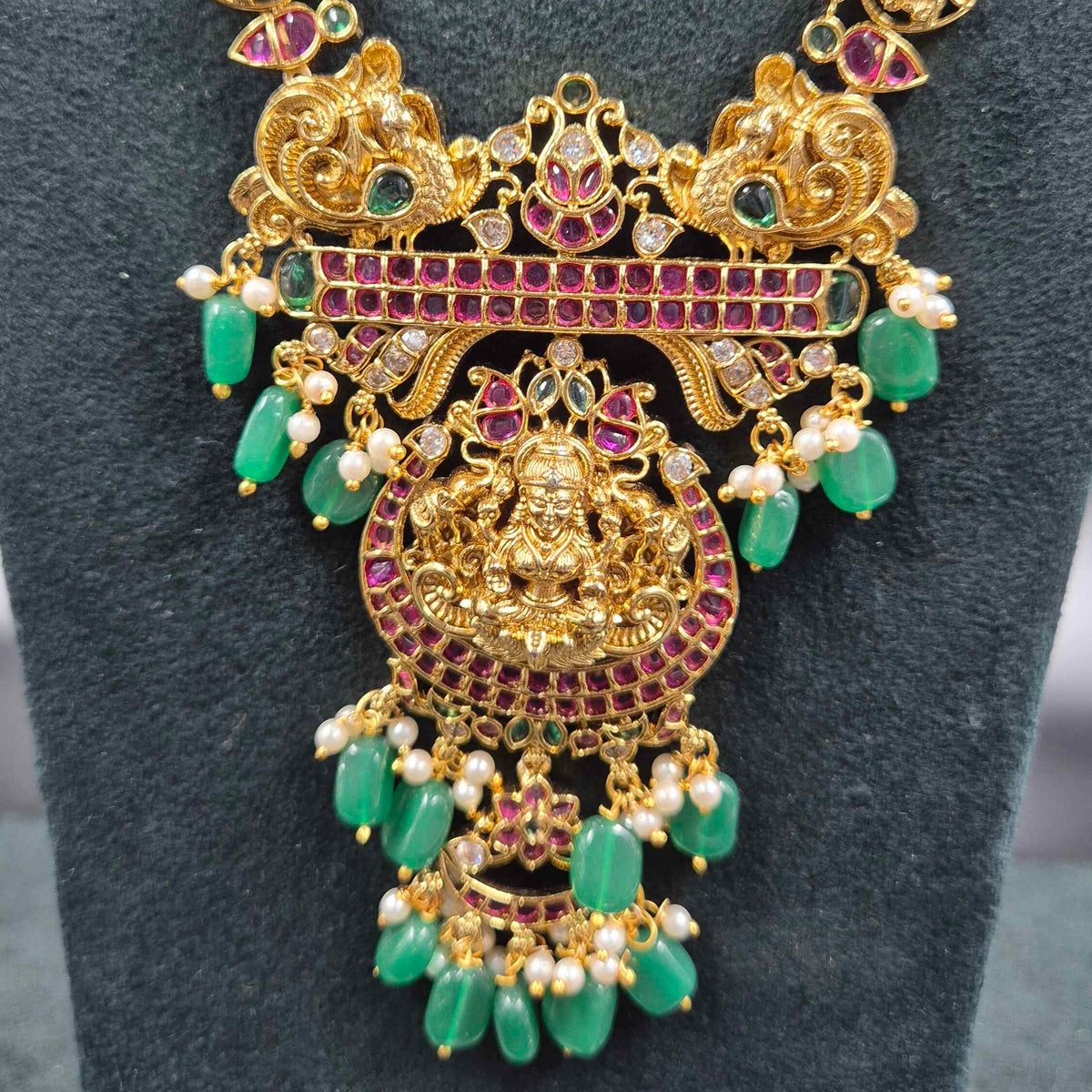 Jadau Kundan Lakshmi Haram with Green Beads | Traditional Bridal