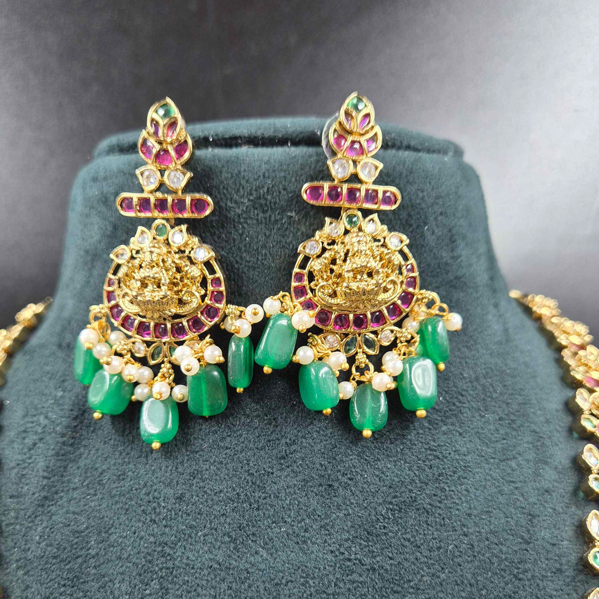 Jadau Kundan Lakshmi Haram with Green Beads | Traditional Bridal