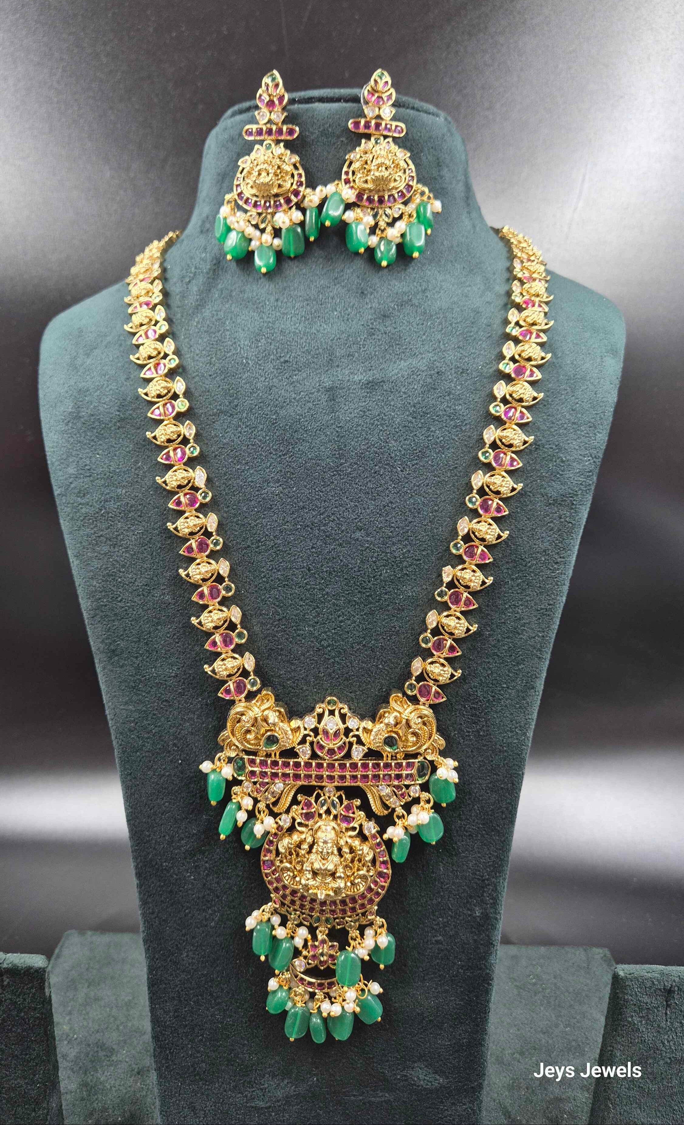Jadau Kundan Lakshmi Haram with Green Beads | Traditional Bridal