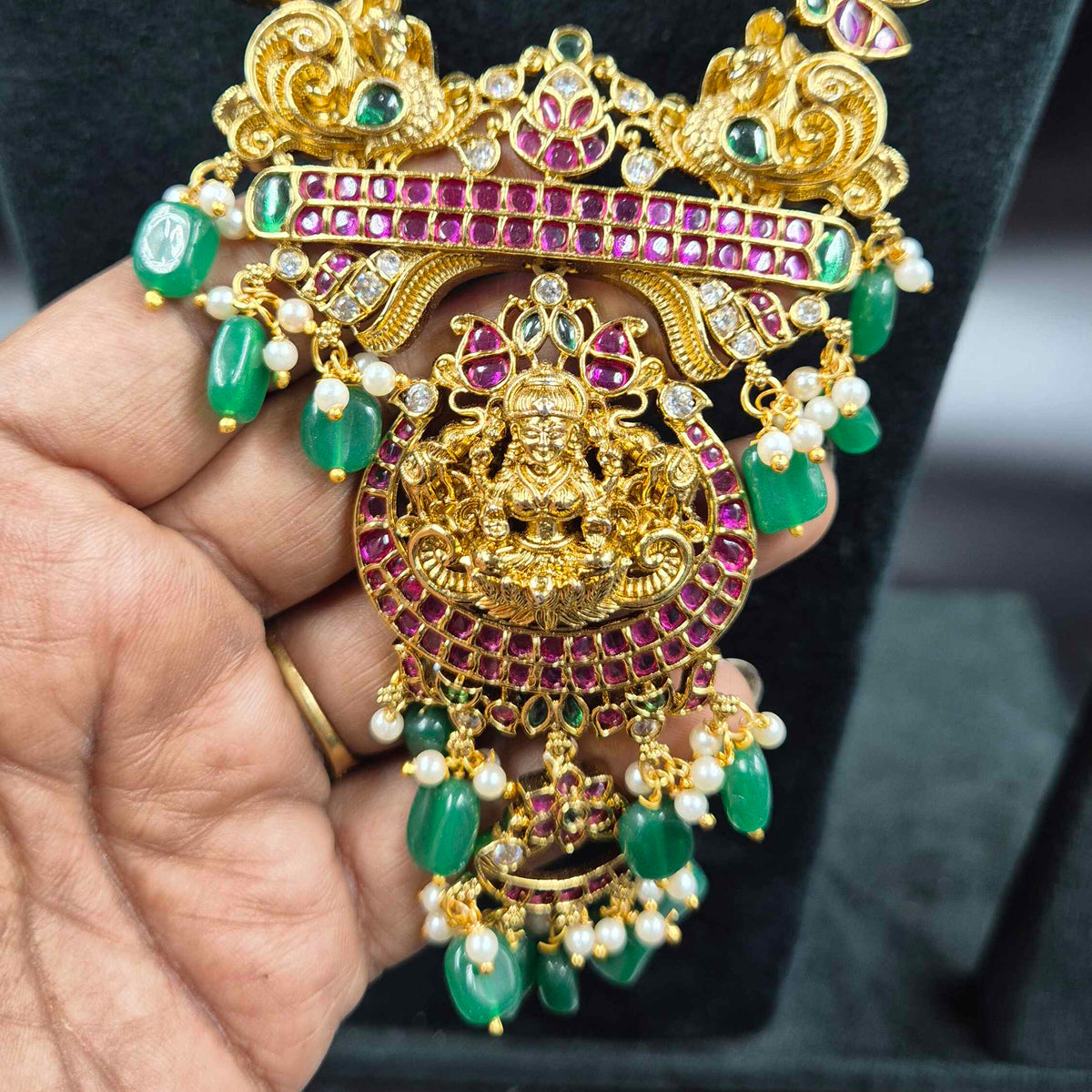 Jadau Kundan Lakshmi Haram with Green Beads | Traditional Bridal