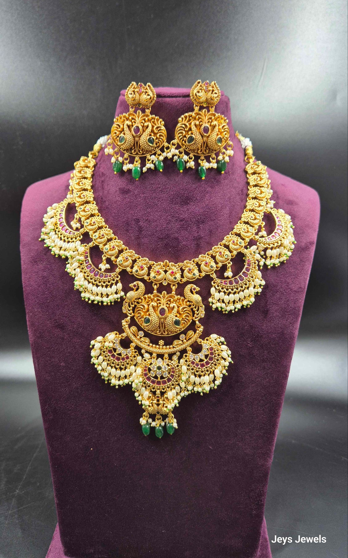 Jadau Kundan Crescent moon pattern Lakshmi Necklace Set with Pearl Drops | Bridal Jewellery