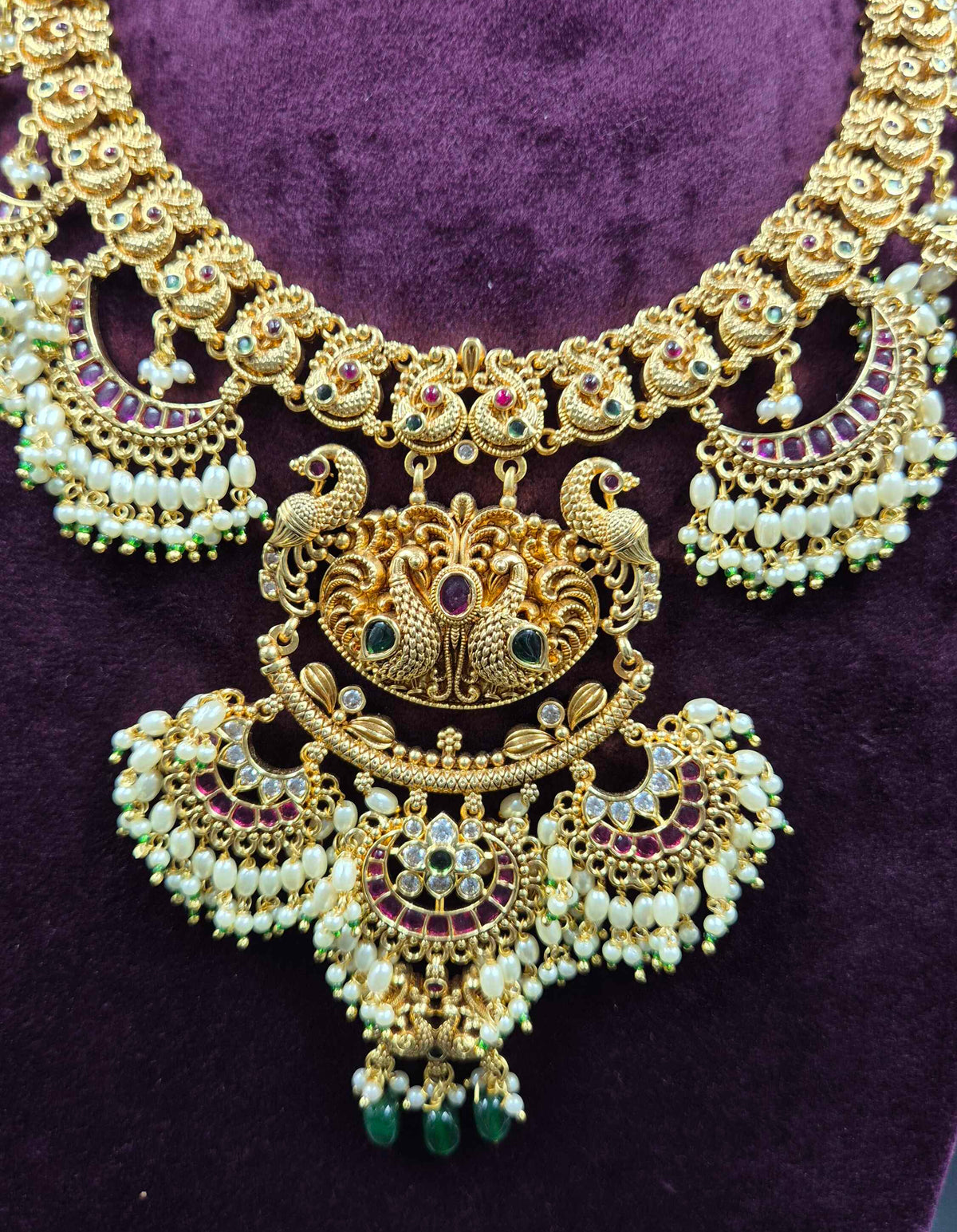 Jadau Kundan Crescent moon pattern Lakshmi Necklace Set with Pearl Drops | Bridal Jewellery
