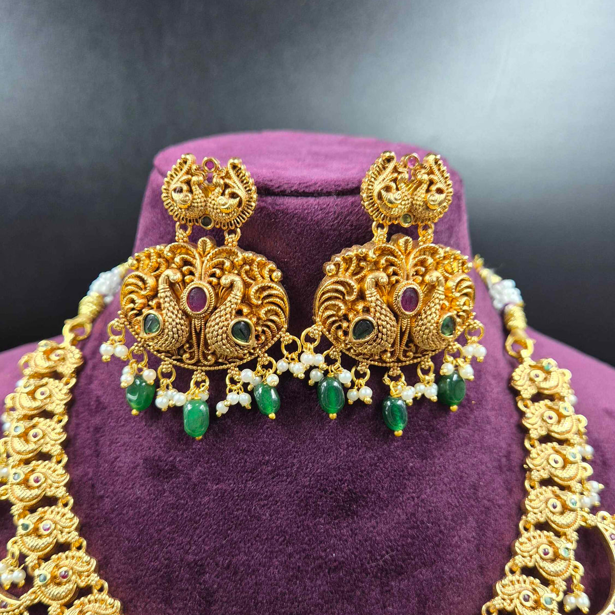 Jadau Kundan Crescent moon pattern Lakshmi Necklace Set with Pearl Drops | Bridal Jewellery