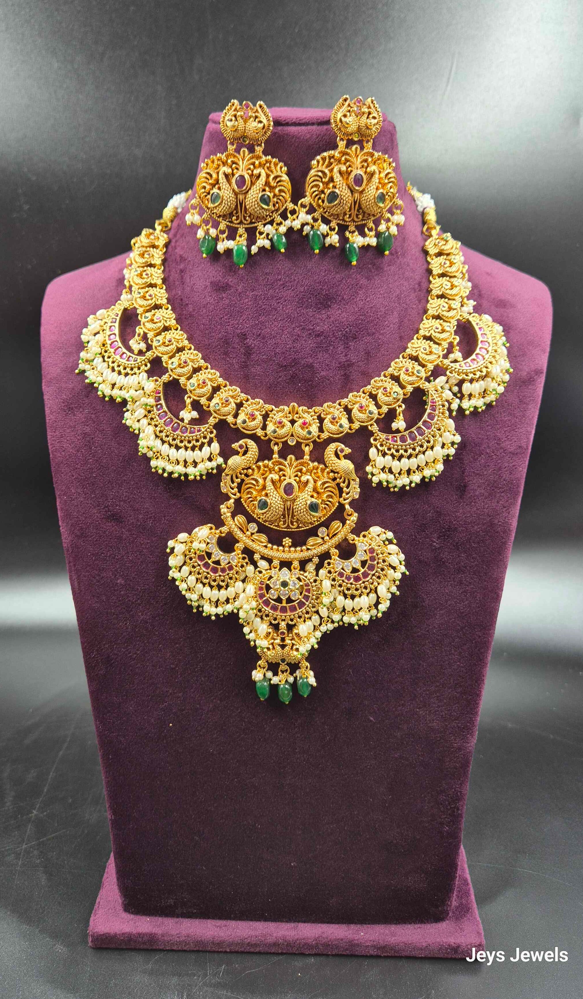 Jadau Kundan Crescent moon pattern Lakshmi Necklace Set with Pearl Drops | Bridal Jewellery