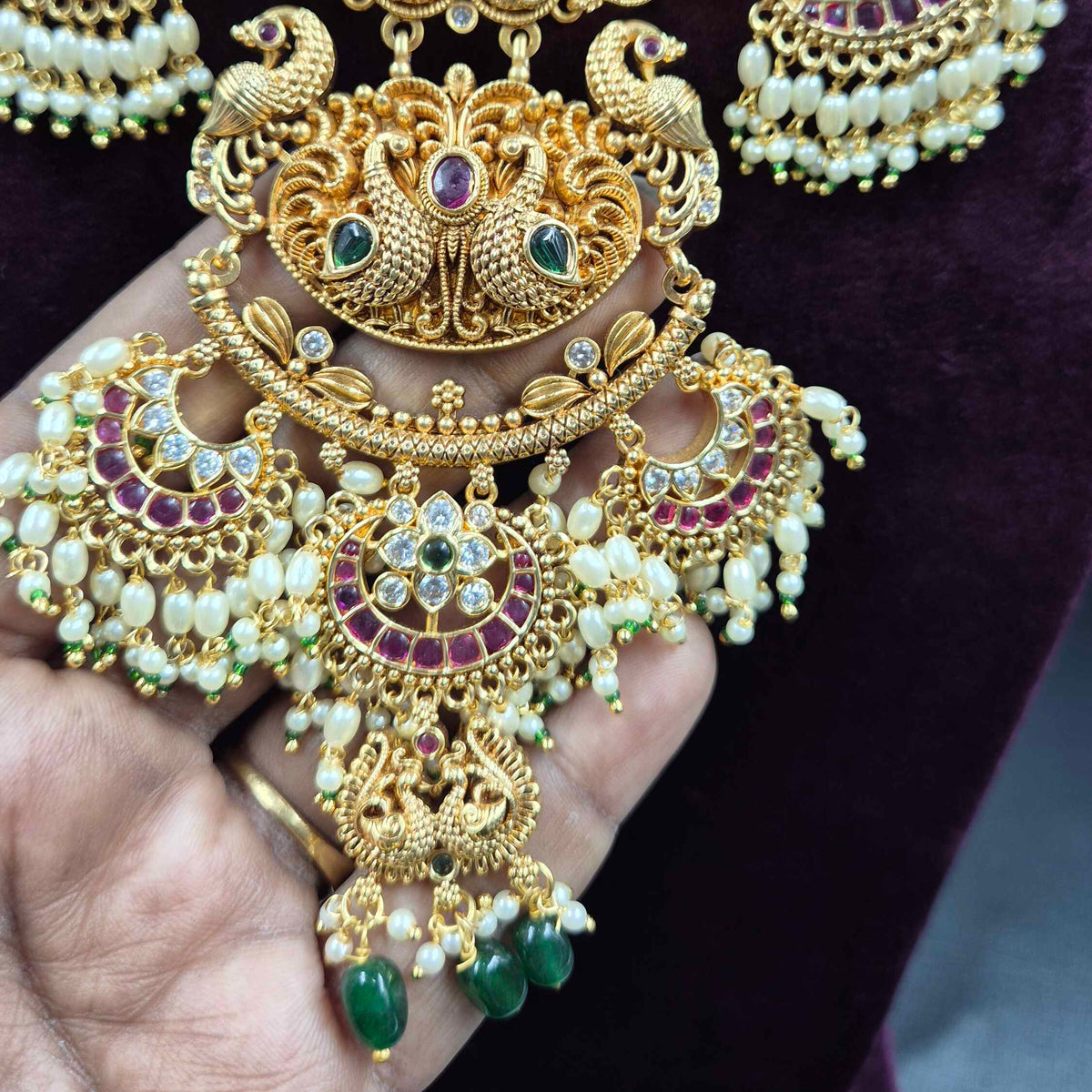 Jadau Kundan Crescent moon pattern Lakshmi Necklace Set with Pearl Drops | Bridal Jewellery