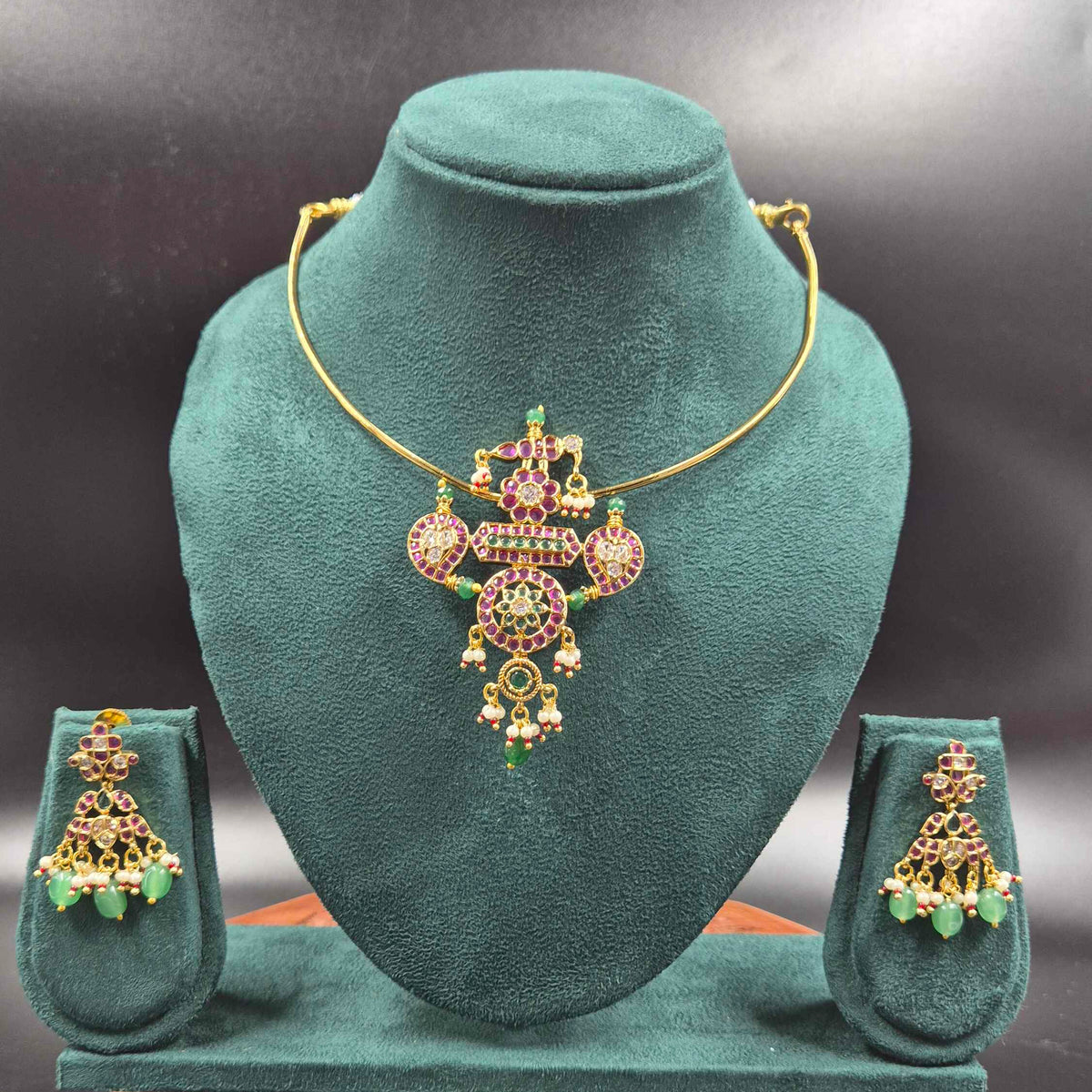 Govinda Namam Hasli Necklace with Ruby & Green Stones | Jeys Jewels