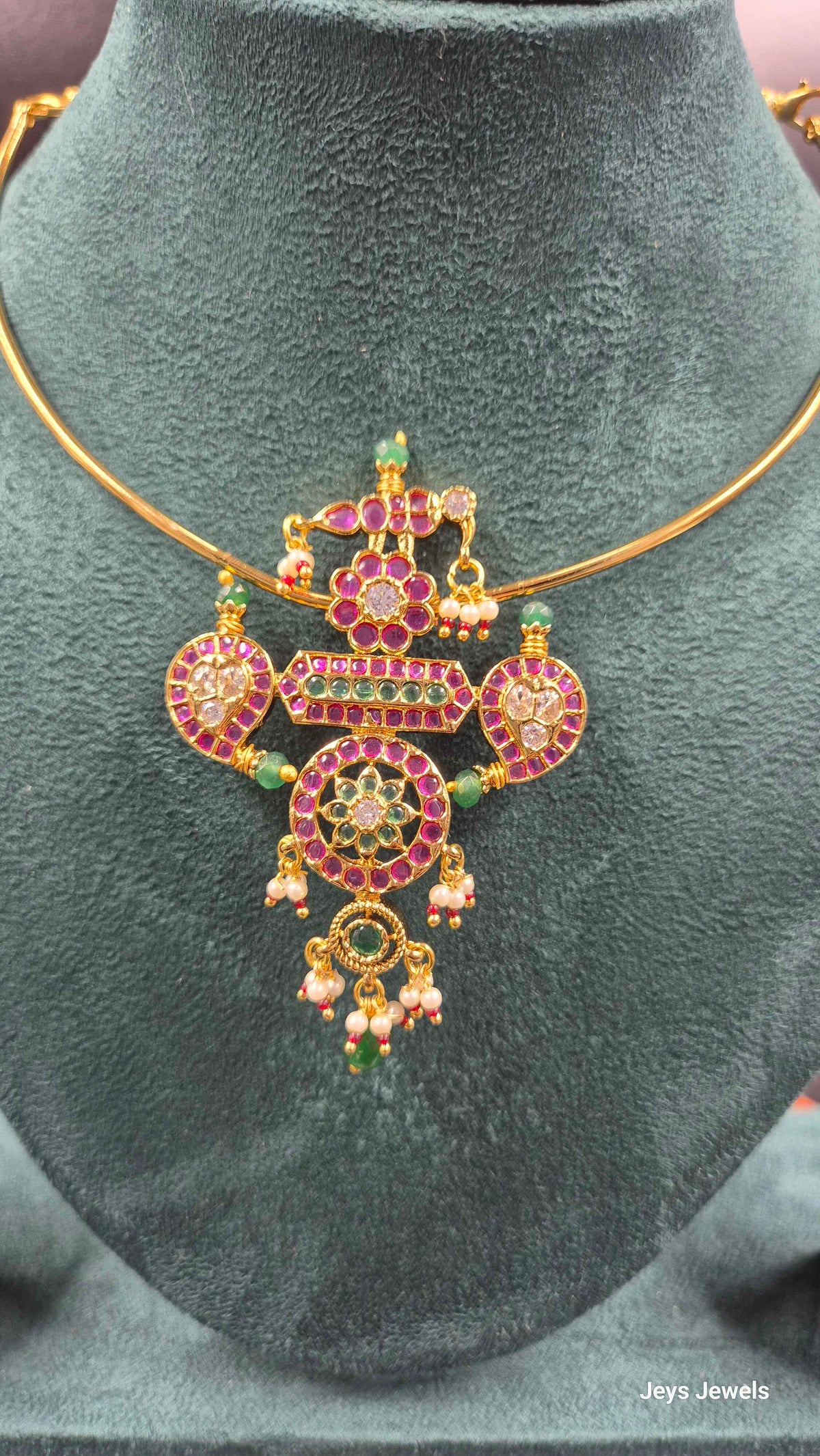 Govinda Namam Hasli Necklace with Ruby & Green Stones | Jeys Jewels
