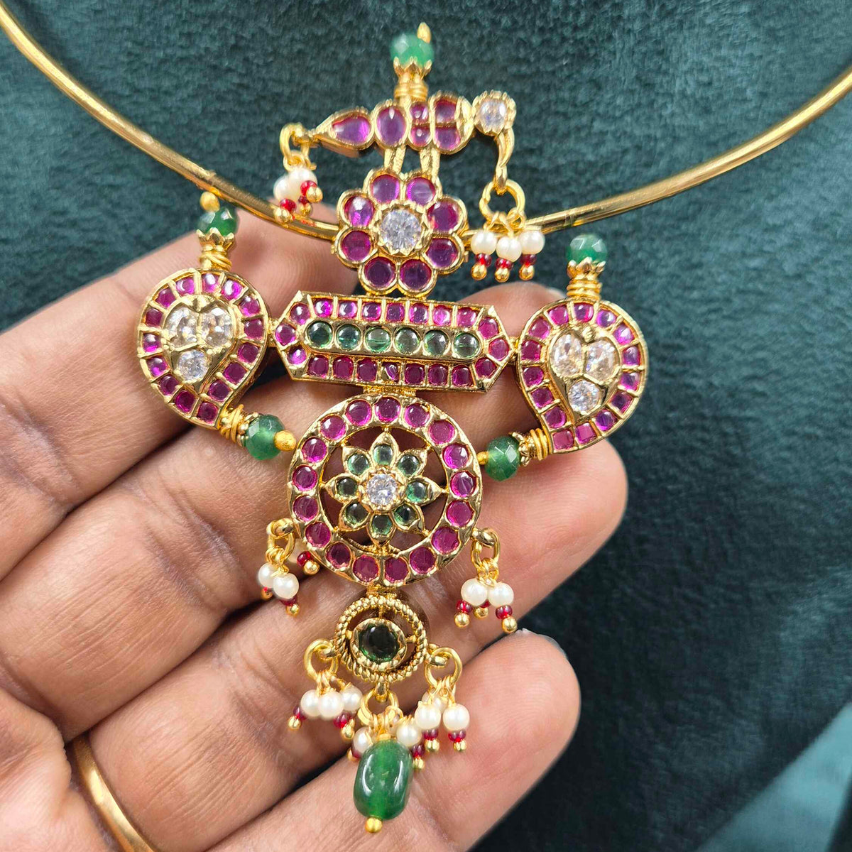 Govinda Namam Hasli Necklace with Ruby & Green Stones | Jeys Jewels