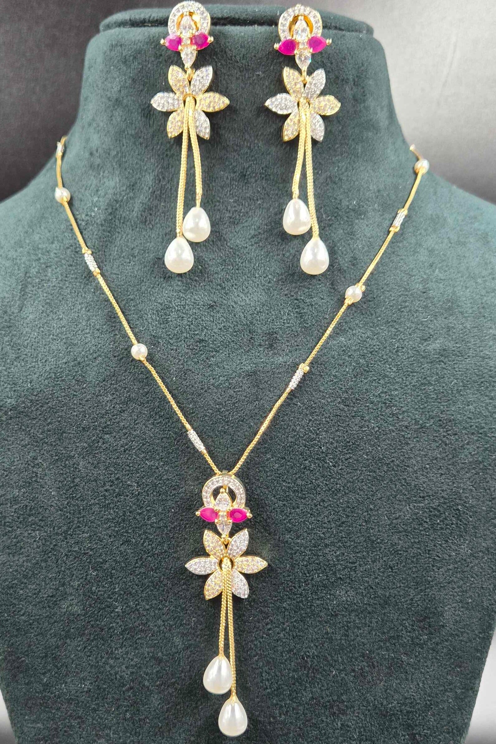 Premium Floral Necklace with Ruby, CZ & Pearl Drops | Designer Jewellery
