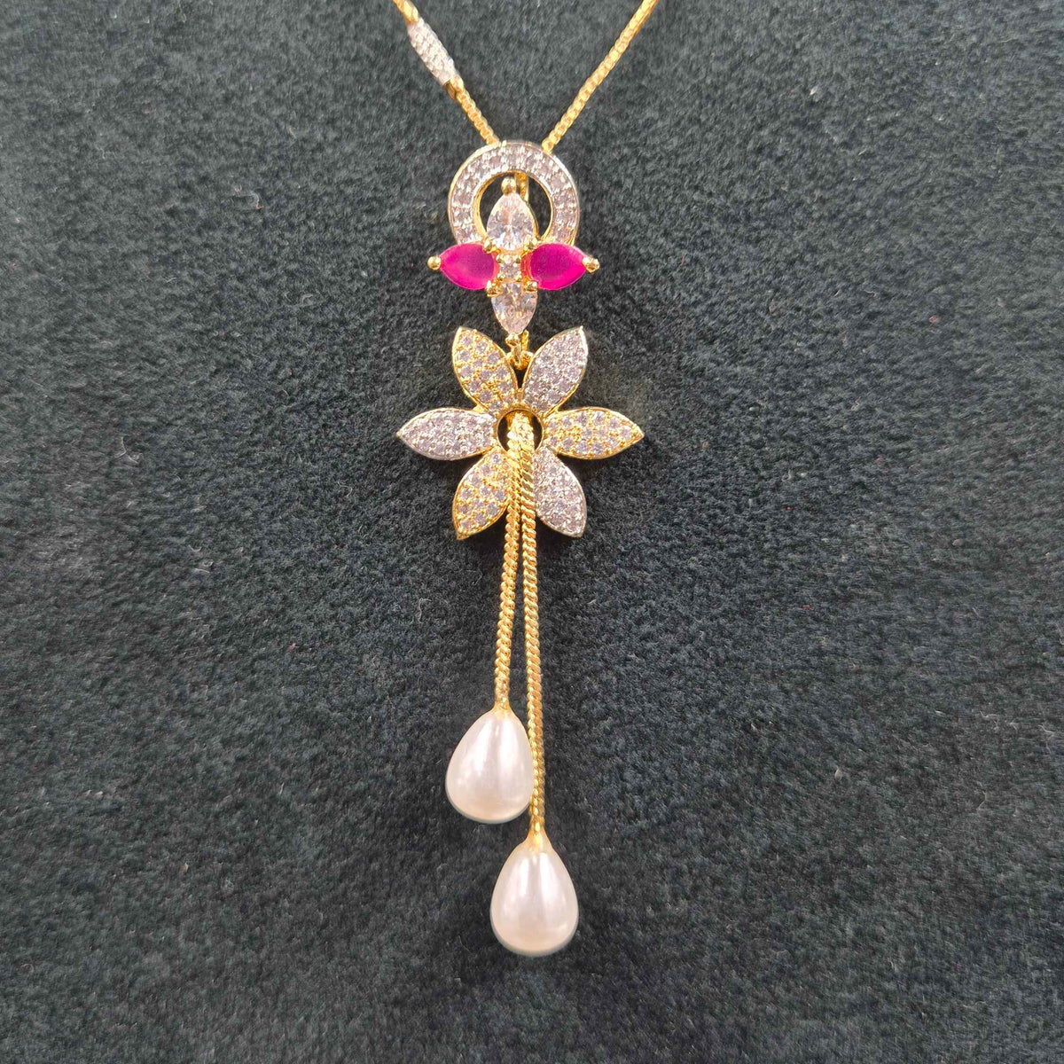 Premium Floral Necklace with Ruby, CZ & Pearl Drops | Designer Jewellery