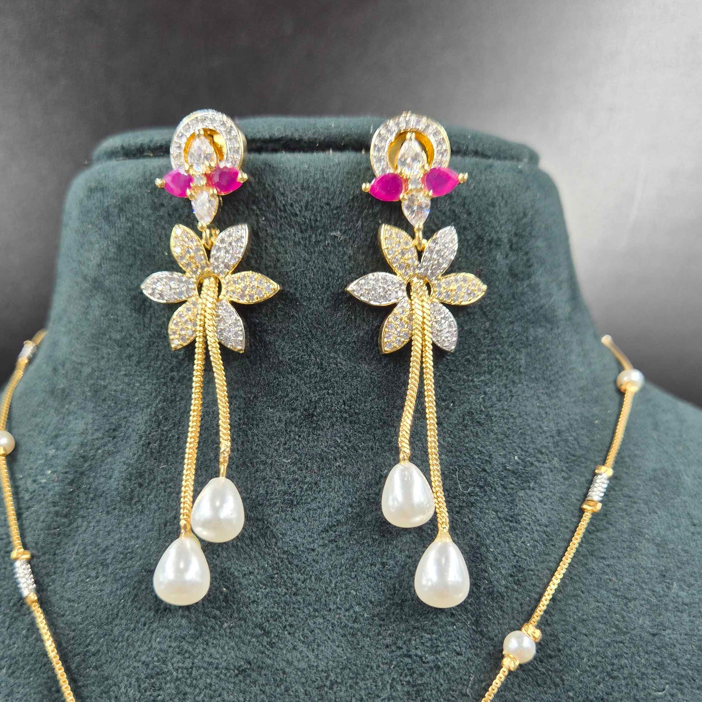 Premium Floral Necklace with Ruby, CZ & Pearl Drops | Designer Jewellery