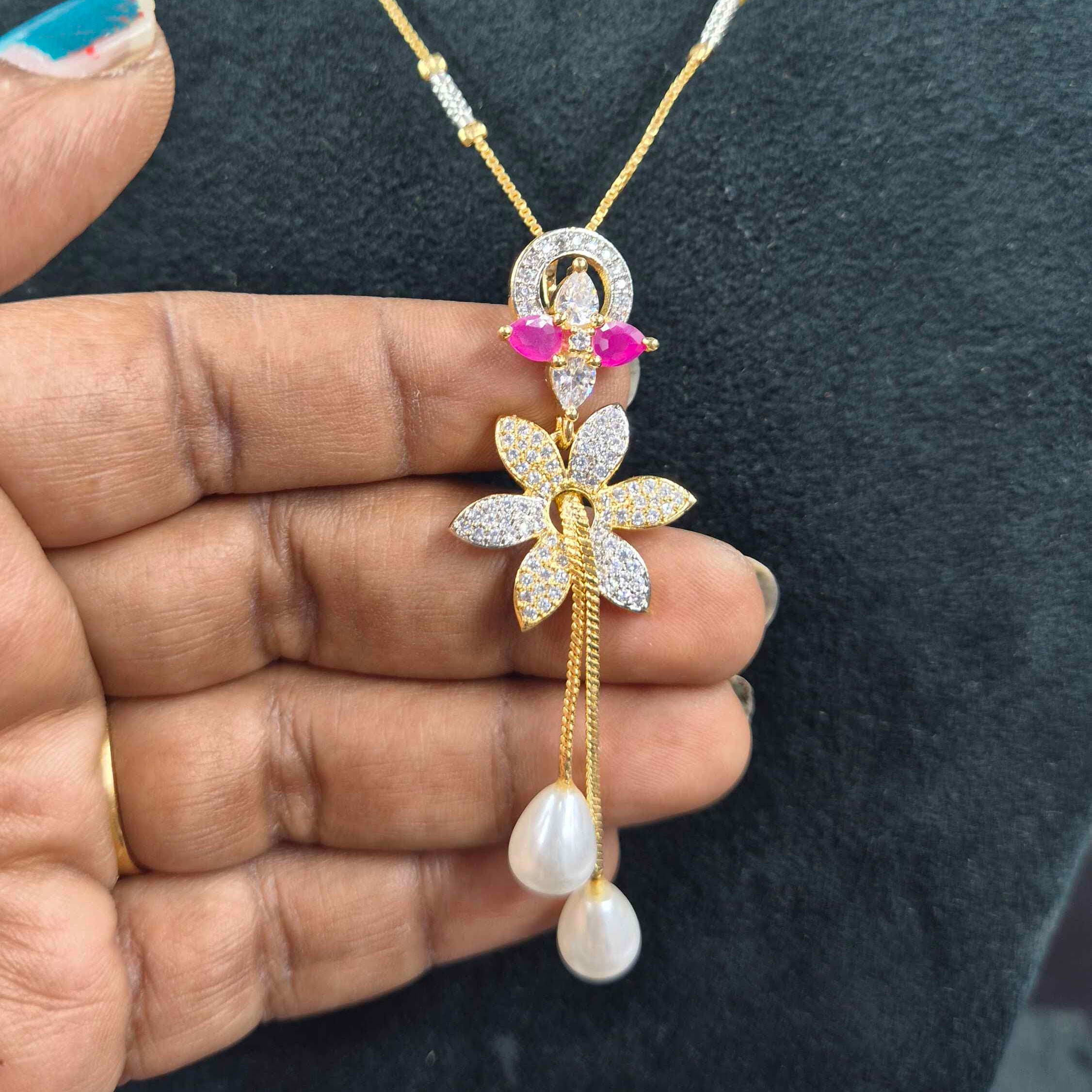 Premium Floral Necklace with Ruby, CZ & Pearl Drops | Designer Jewellery