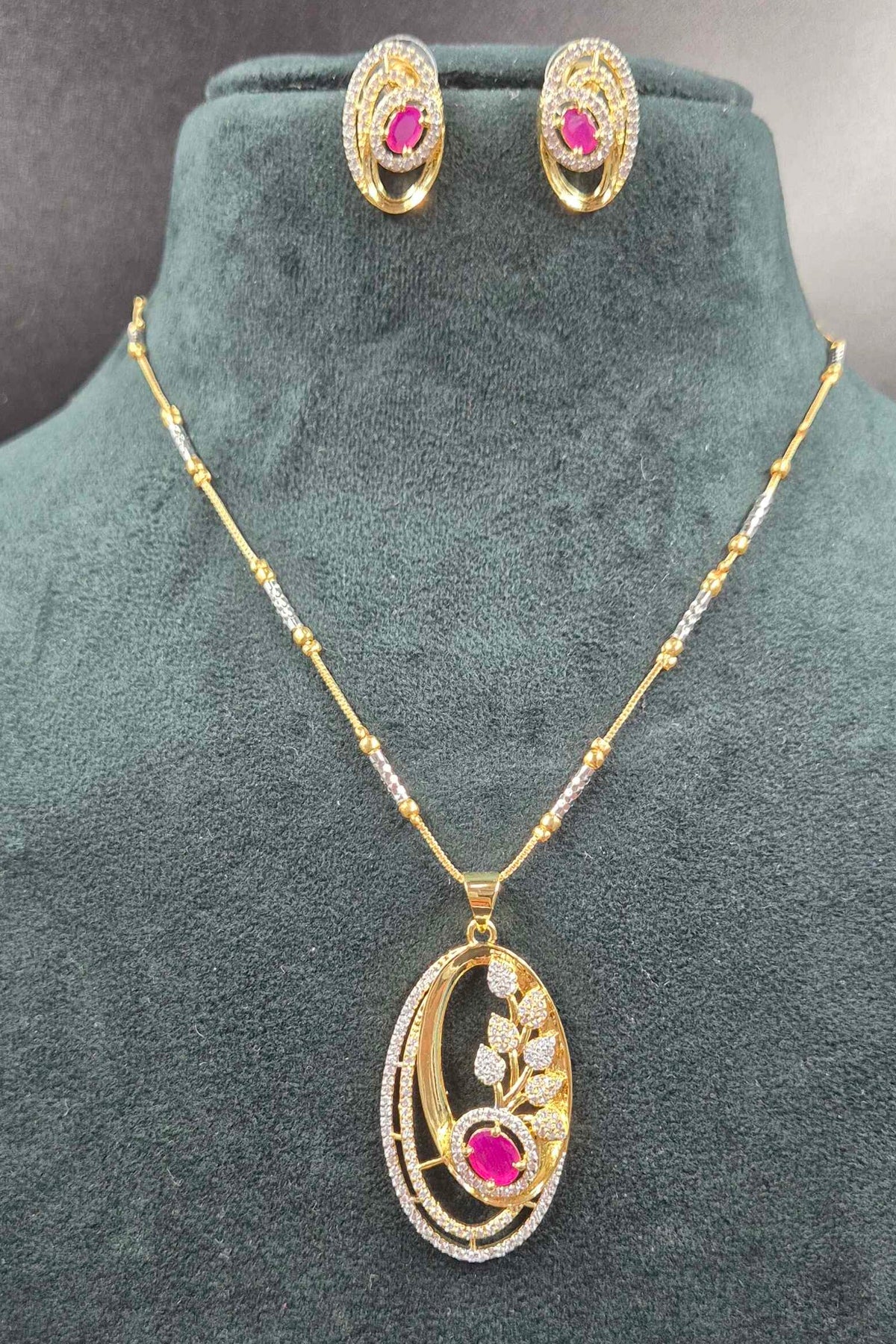 Oval Shaped CZ Pendant Necklace Set with Ruby & Matching Earrings | Designer Jewellery