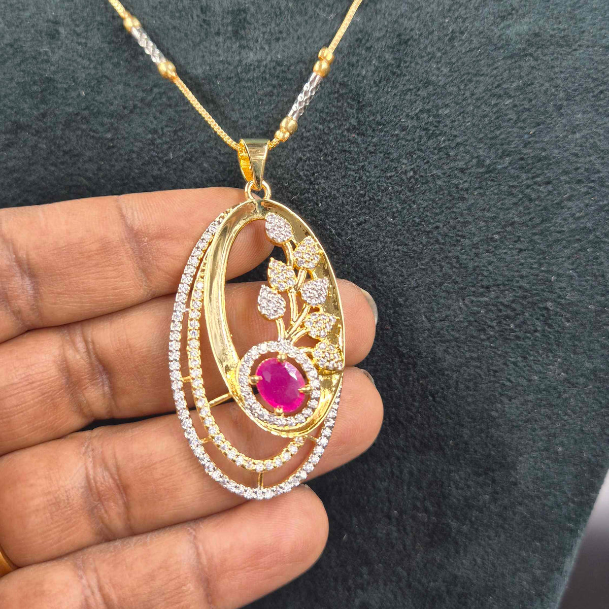 Oval Shaped CZ Pendant Necklace Set with Ruby & Matching Earrings | Designer Jewellery