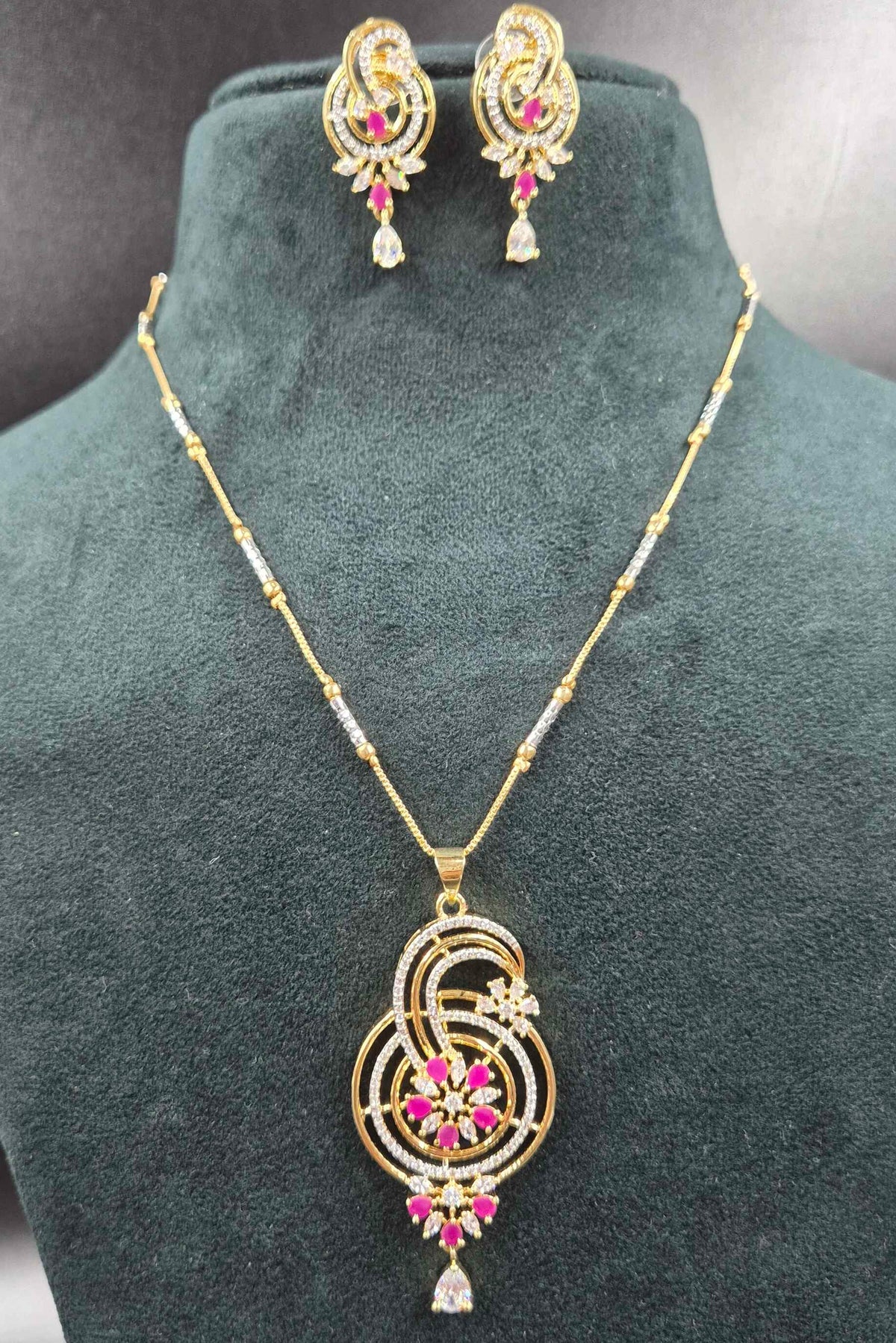 Premium Ruby & CZ Pendant Necklace Set with Matching Earrings | Designer Jewellery