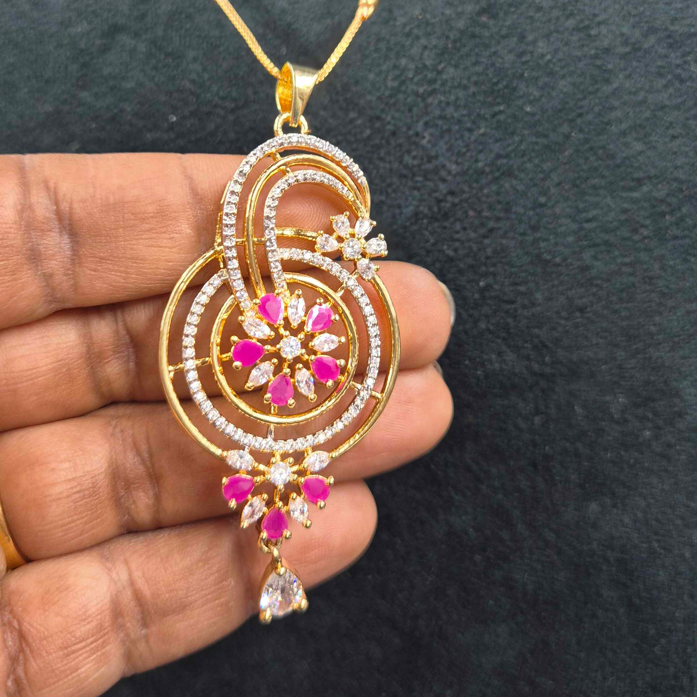 Premium Ruby & CZ Pendant Necklace Set with Matching Earrings | Designer Jewellery