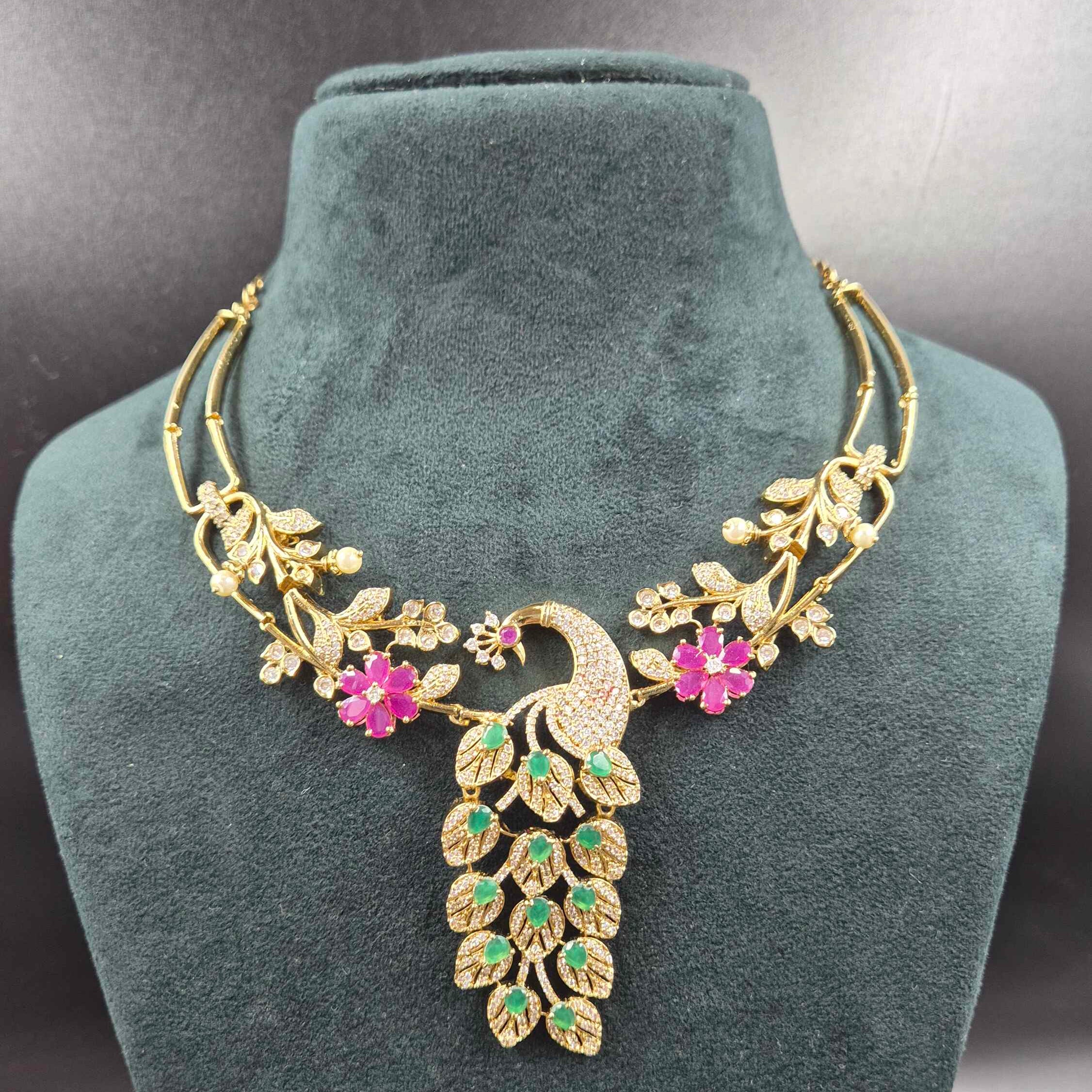 Premium Peacock Pendant Necklace with Emerald & Ruby Stones | Designer Jewellery