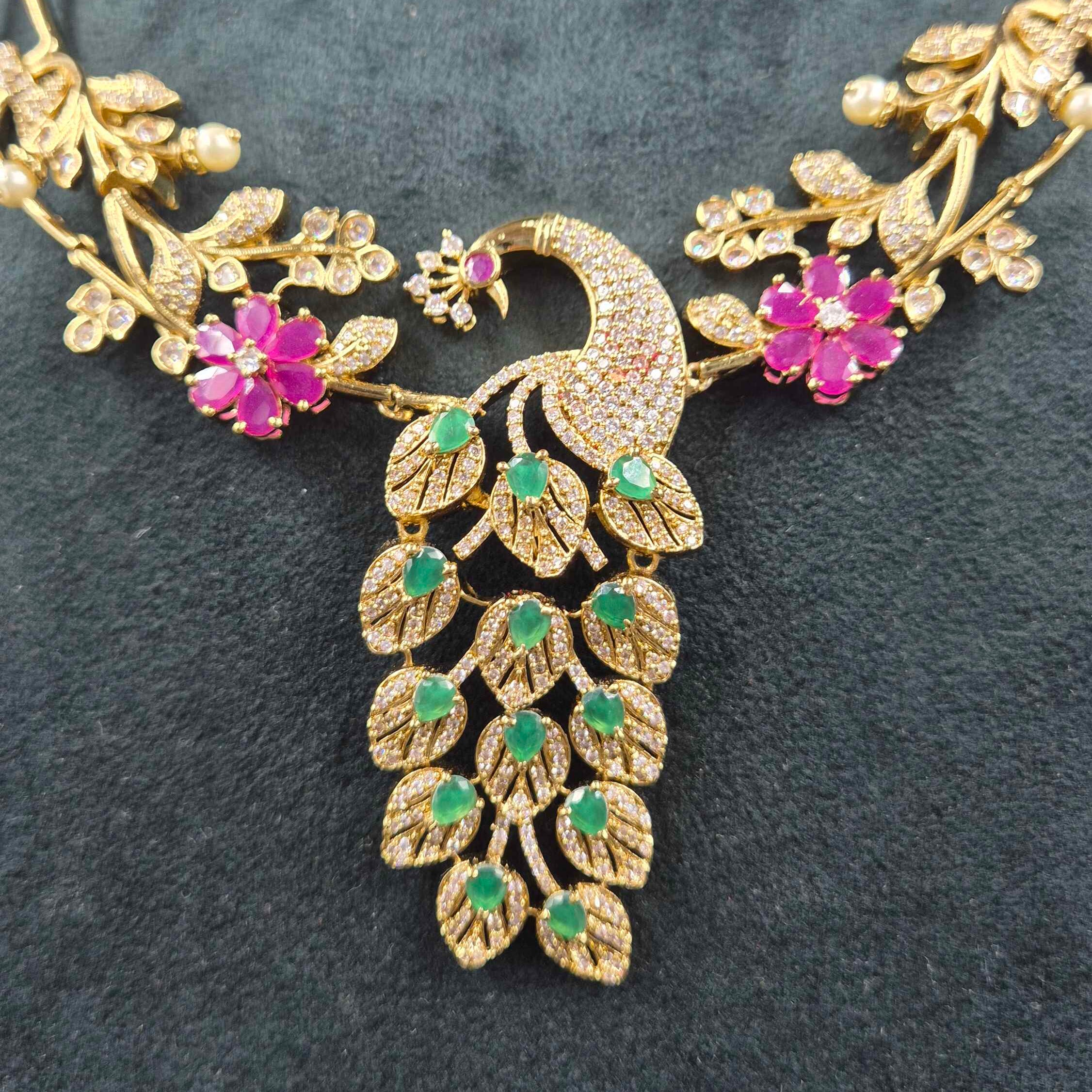 Premium Peacock Pendant Necklace with Emerald & Ruby Stones | Designer Jewellery