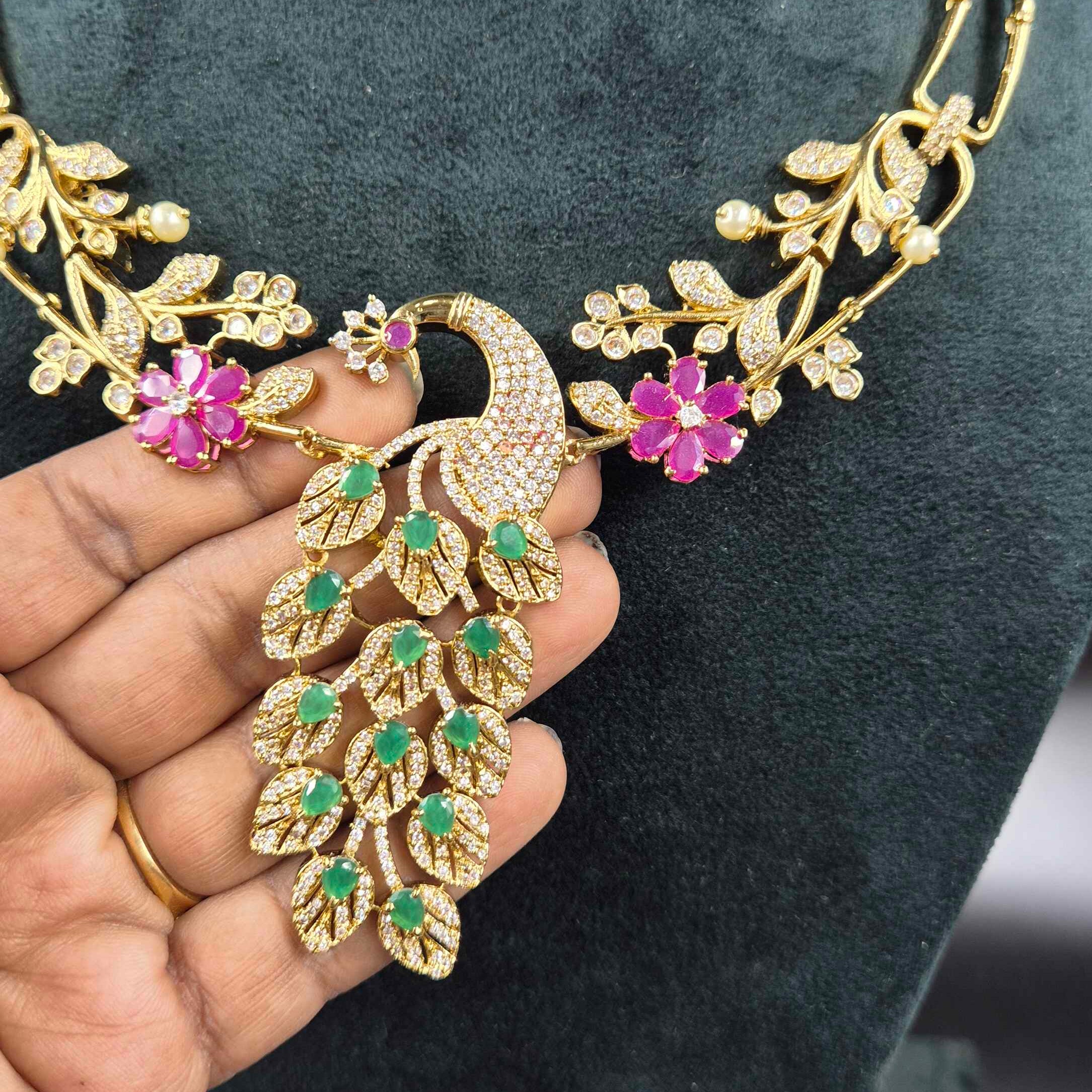 Premium Peacock Pendant Necklace with Emerald & Ruby Stones | Designer Jewellery