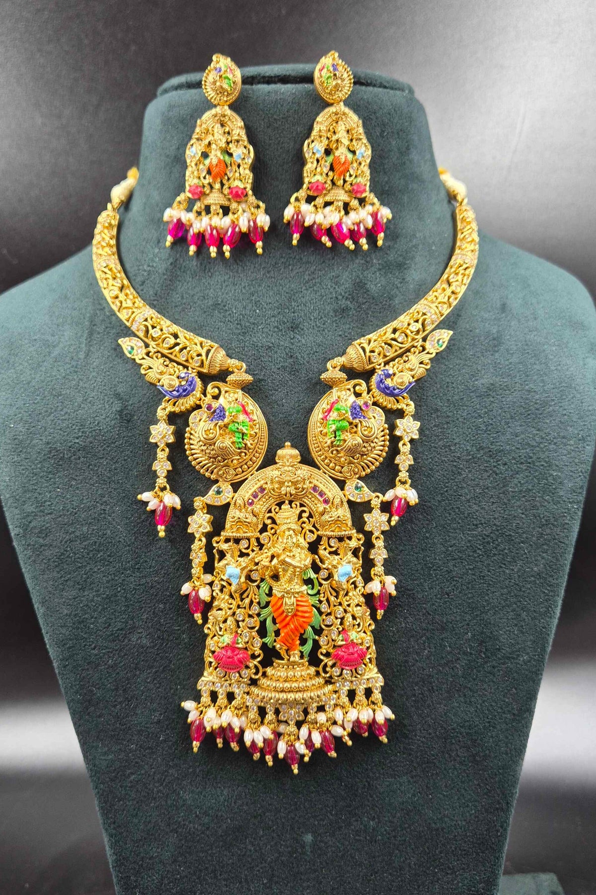 Lord Krishna Pendant with rose beads hangings,Temple Jewellery Necklace Set with Matching Earrings | Bridal Jewellery
