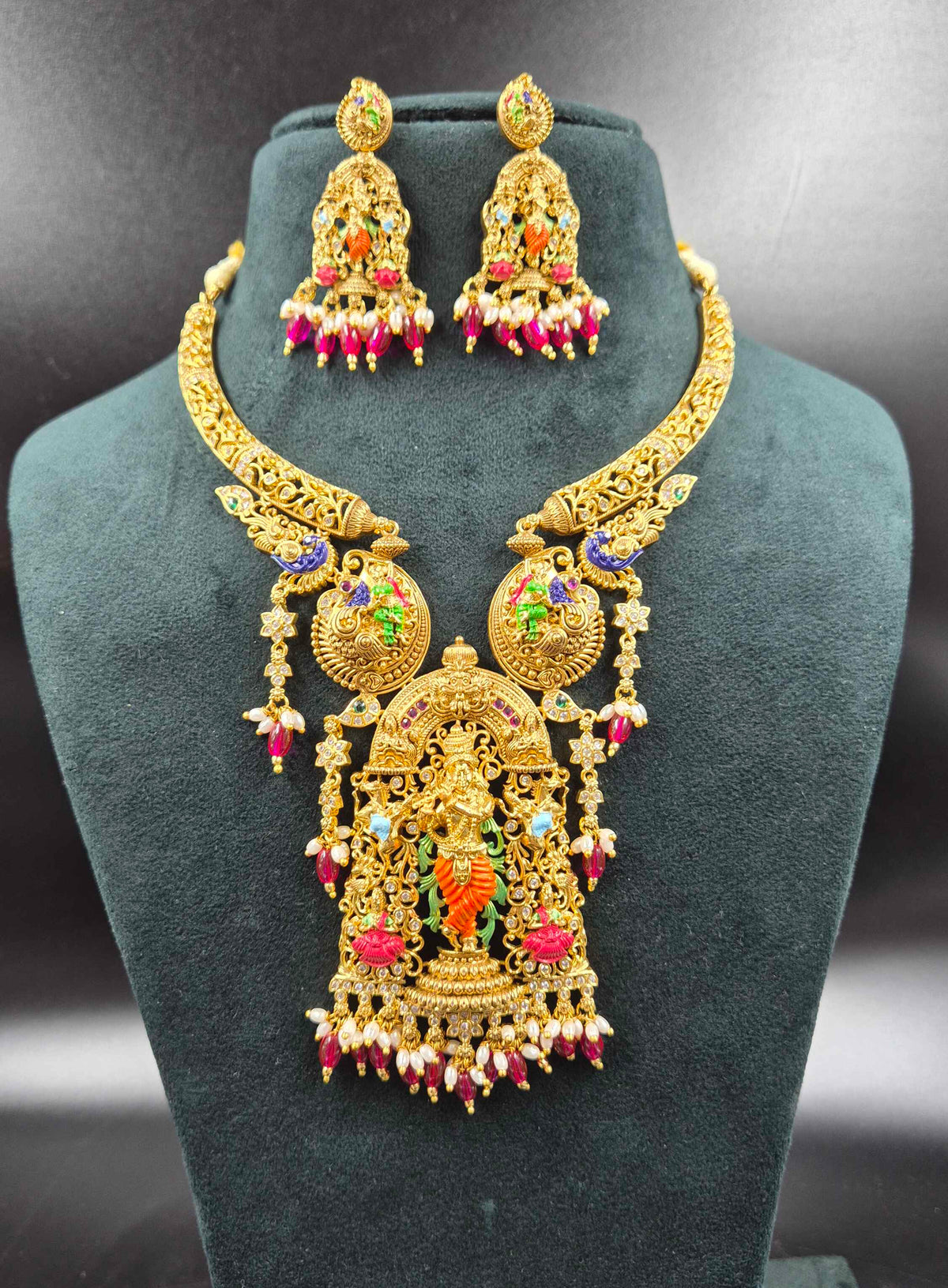 Lord Krishna Pendant with rose beads hangings,Temple Jewellery Necklace Set with Matching Earrings | Bridal Jewellery