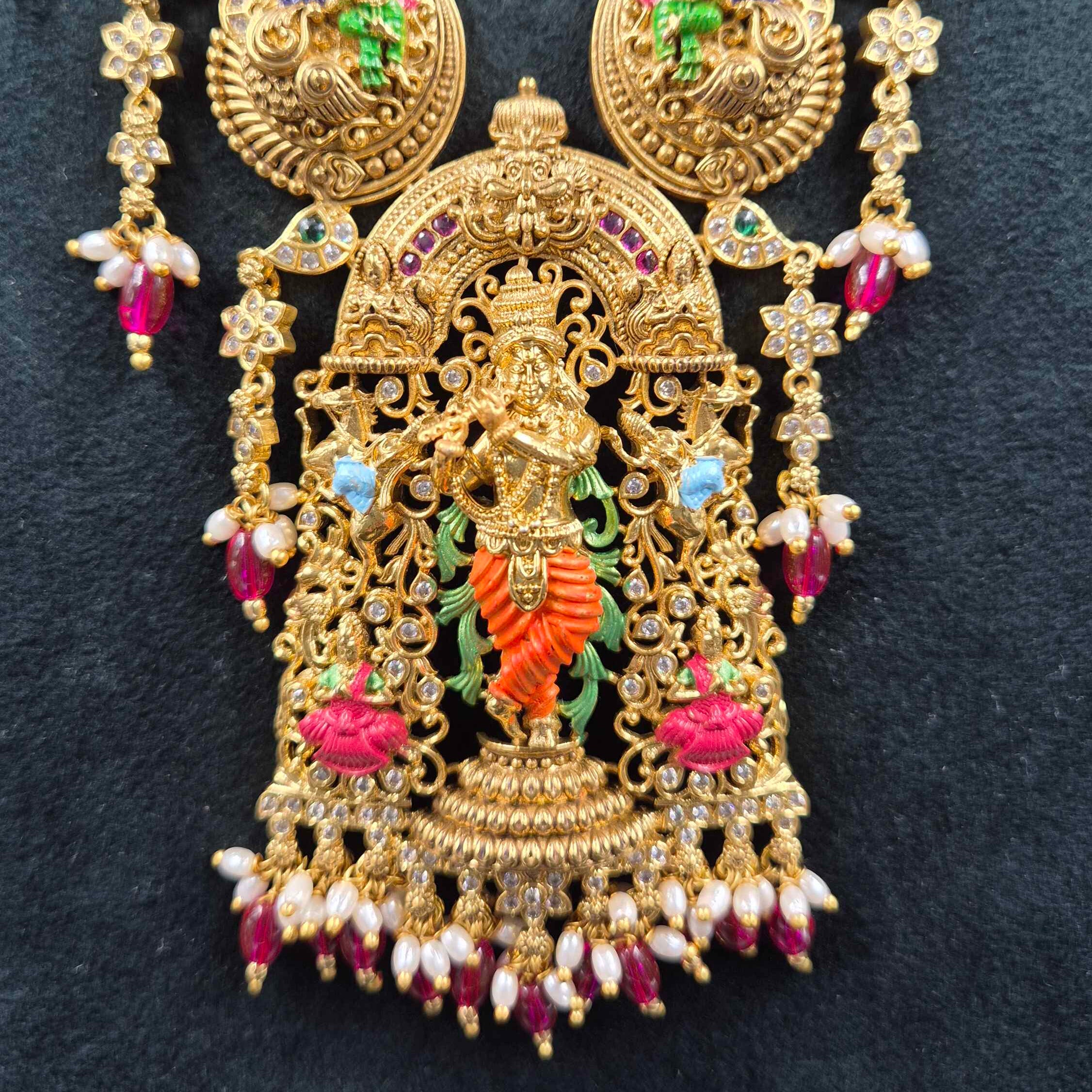 Lord Krishna Pendant with rose beads hangings,Temple Jewellery Necklace Set with Matching Earrings | Bridal Jewellery