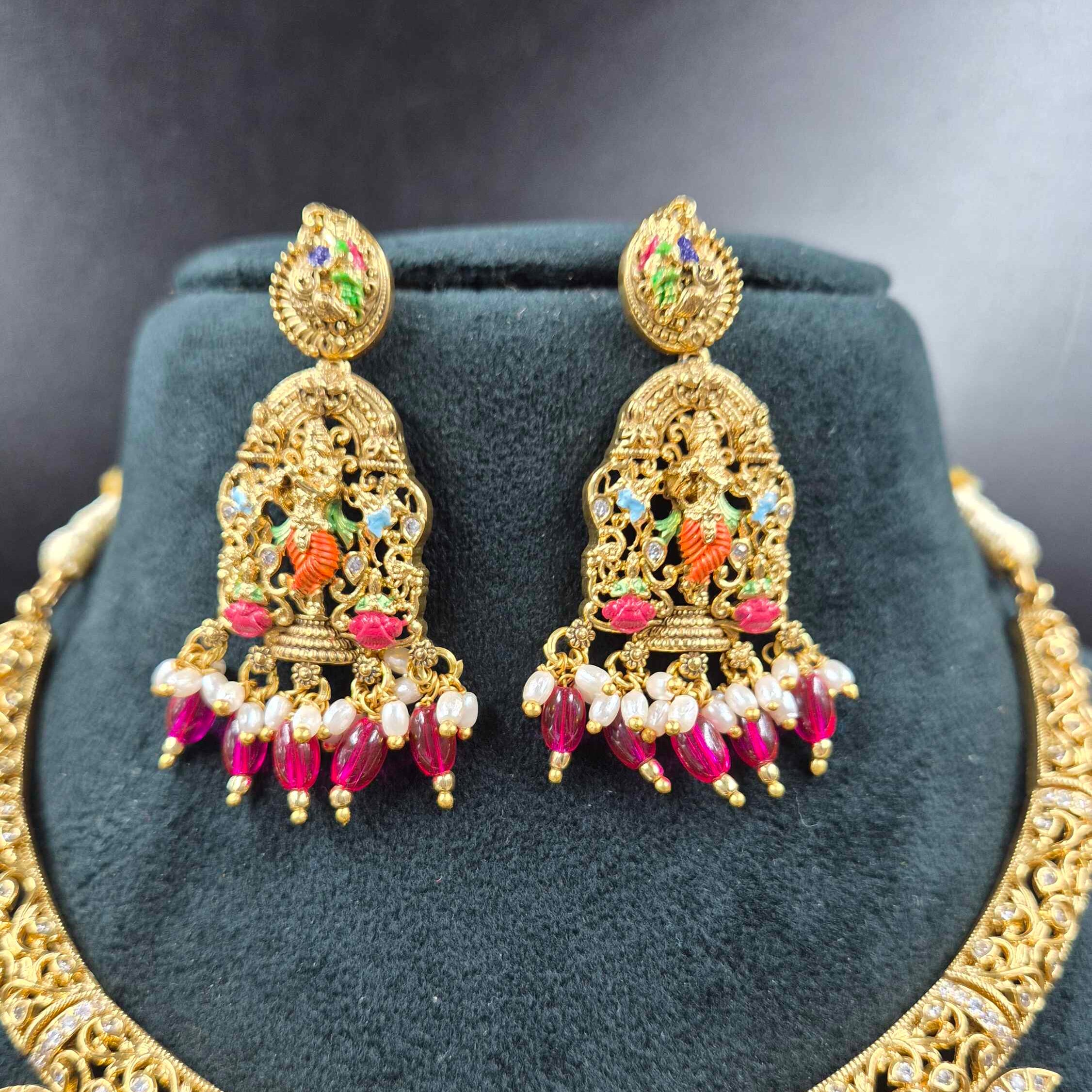 Lord Krishna Pendant with rose beads hangings,Temple Jewellery Necklace Set with Matching Earrings | Bridal Jewellery