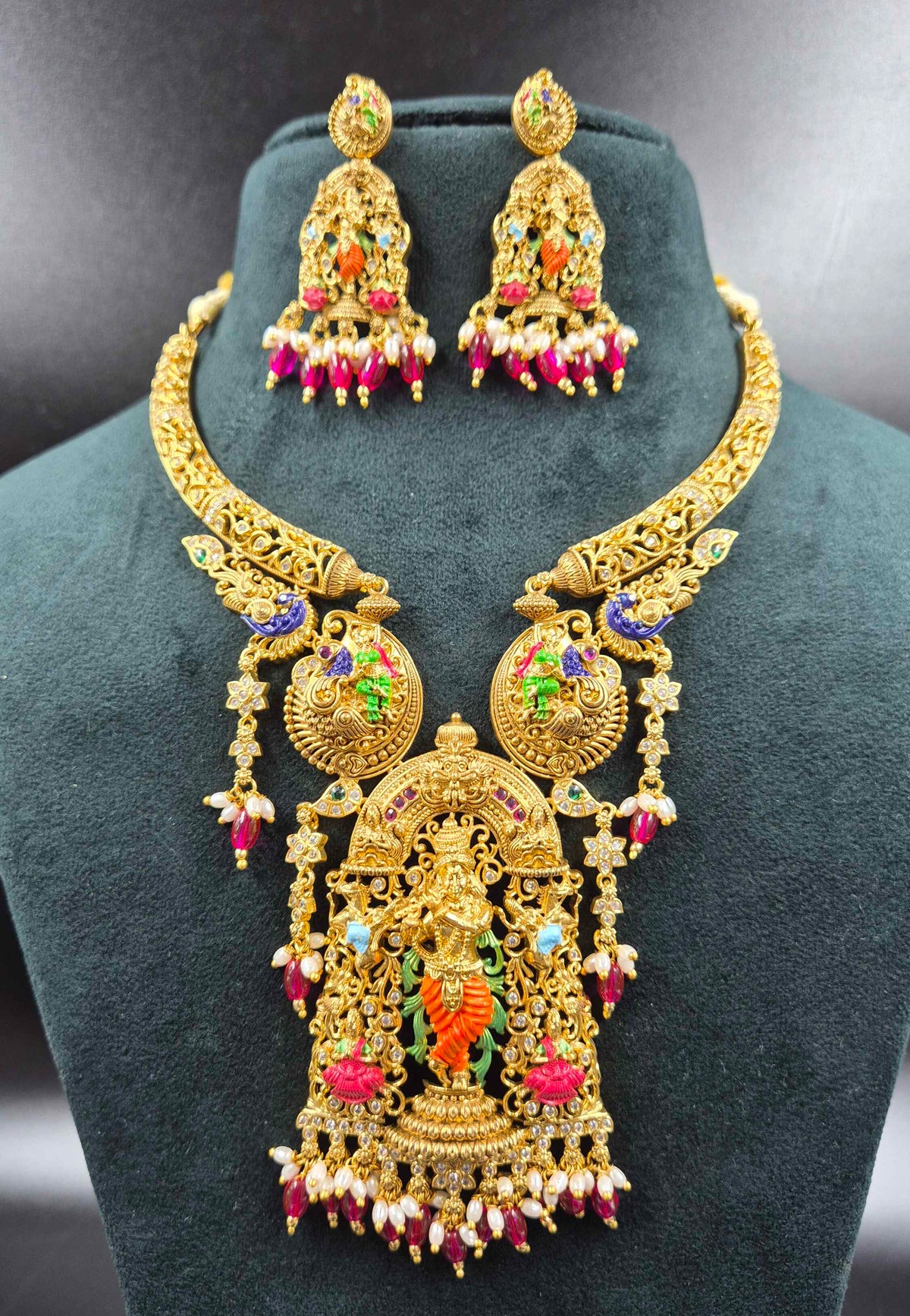 Lord Krishna Pendant with rose beads hangings,Temple Jewellery Necklace Set with Matching Earrings | Bridal Jewellery