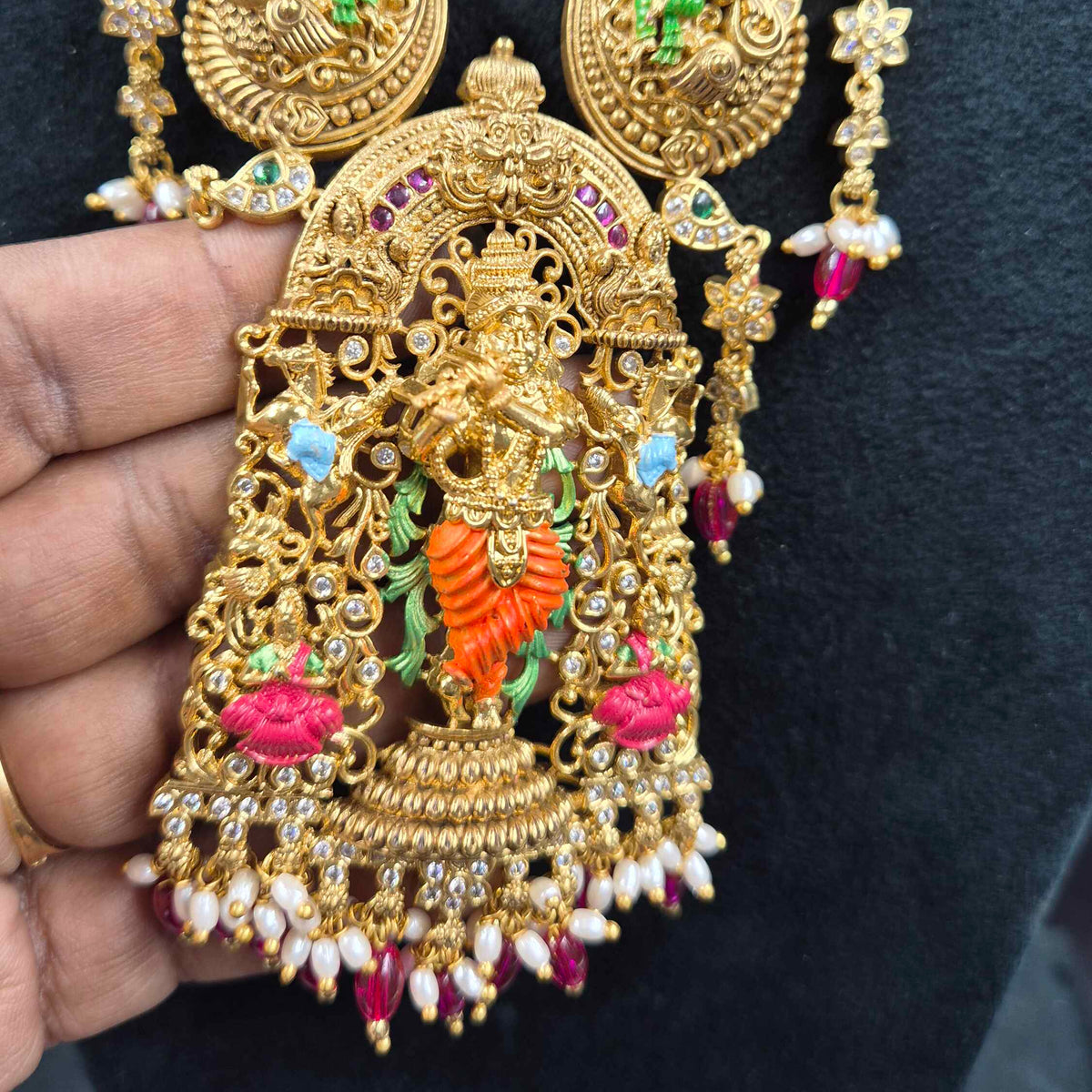 Lord Krishna Pendant with rose beads hangings,Temple Jewellery Necklace Set with Matching Earrings | Bridal Jewellery