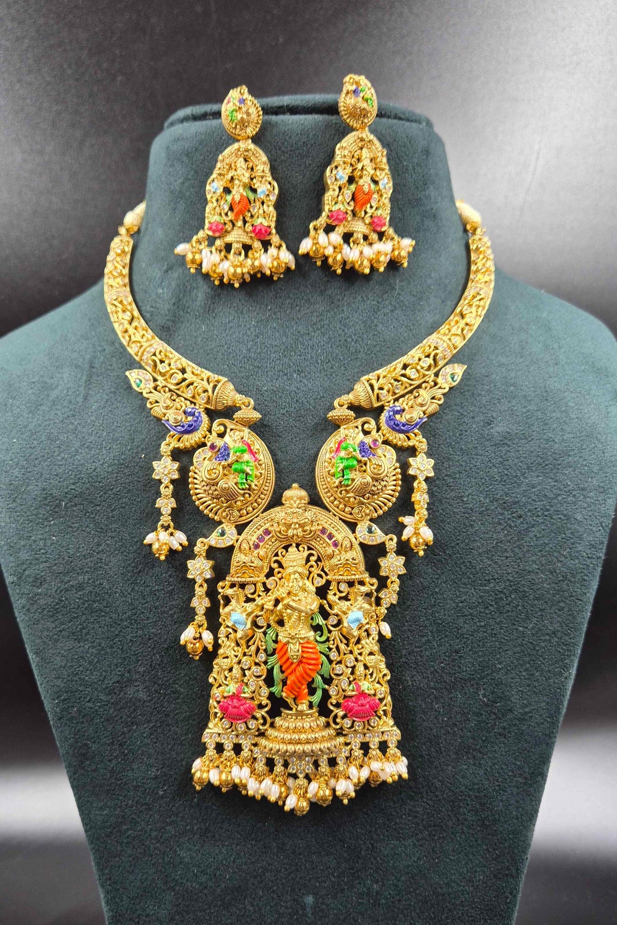Lord Sri Krishna pendant Meenakari work Temple Jewellery Necklace Set with Matching Earrings | Bridal Jewellery