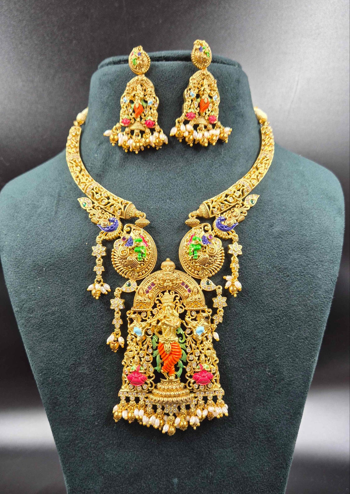 Lord Sri Krishna pendant Meenakari work Temple Jewellery Necklace Set with Matching Earrings | Bridal Jewellery