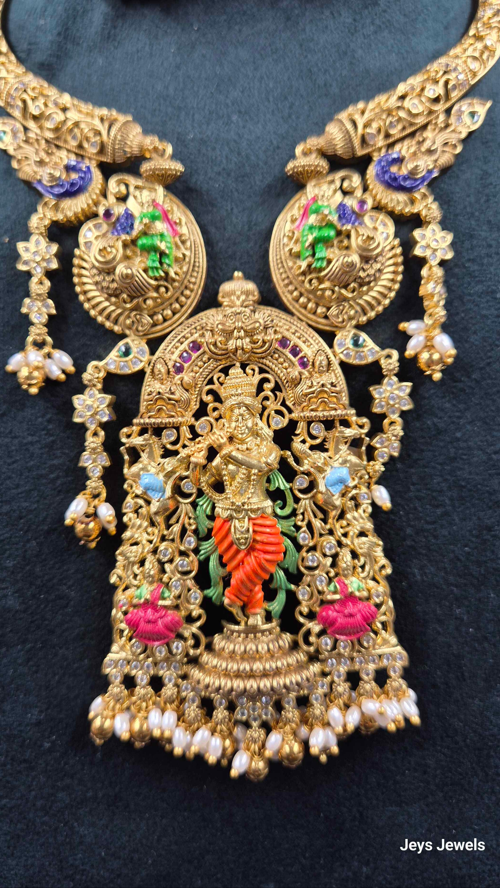 Lord Sri Krishna pendant Meenakari work Temple Jewellery Necklace Set with Matching Earrings | Bridal Jewellery
