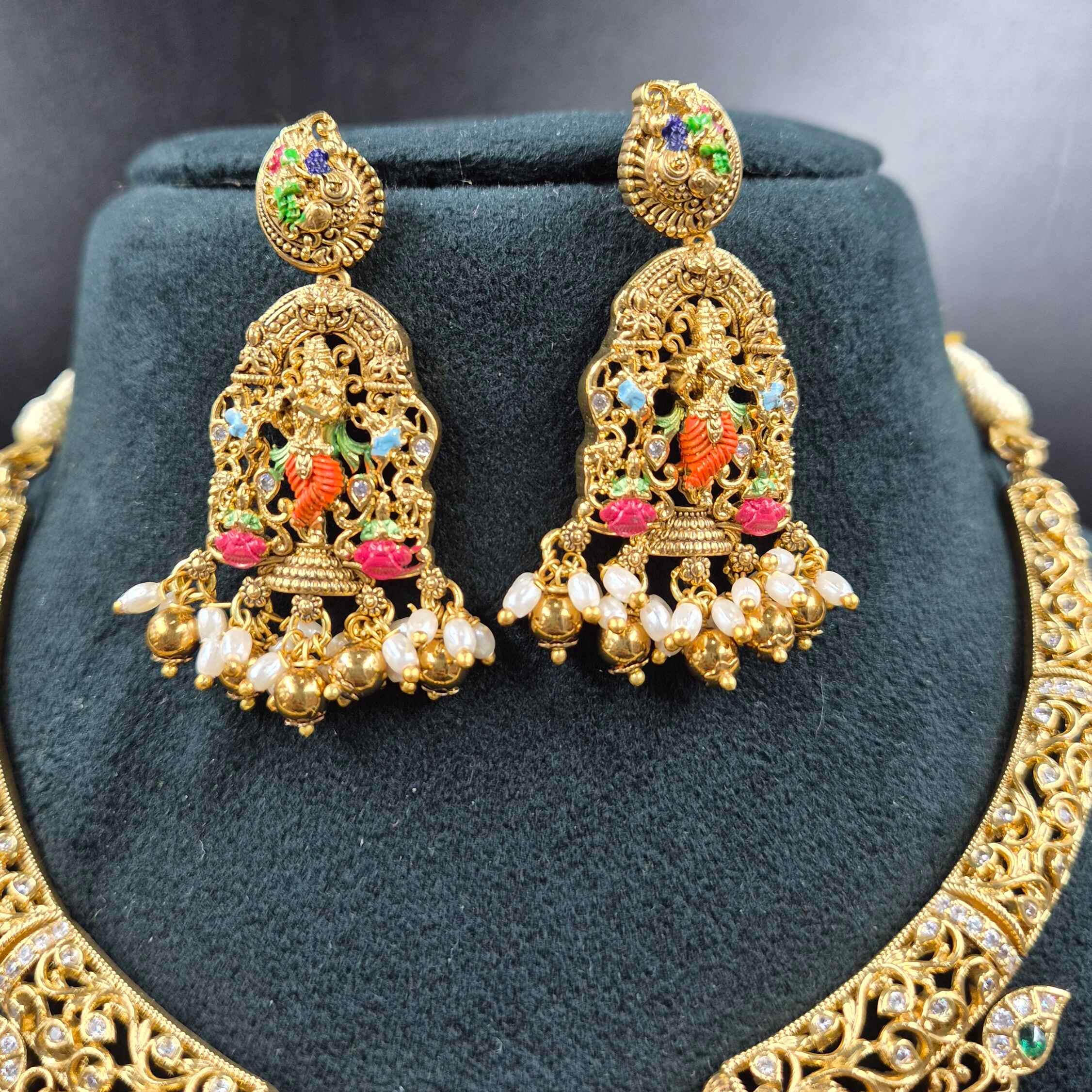 Lord Sri Krishna pendant Meenakari work Temple Jewellery Necklace Set with Matching Earrings | Bridal Jewellery