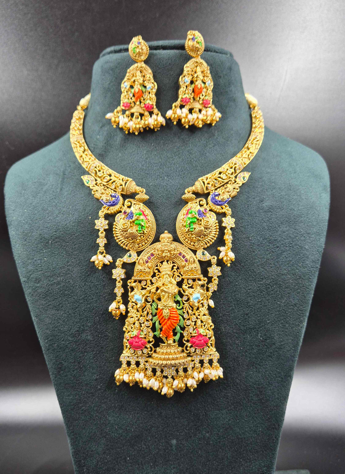 Lord Sri Krishna pendant Meenakari work Temple Jewellery Necklace Set with Matching Earrings | Bridal Jewellery