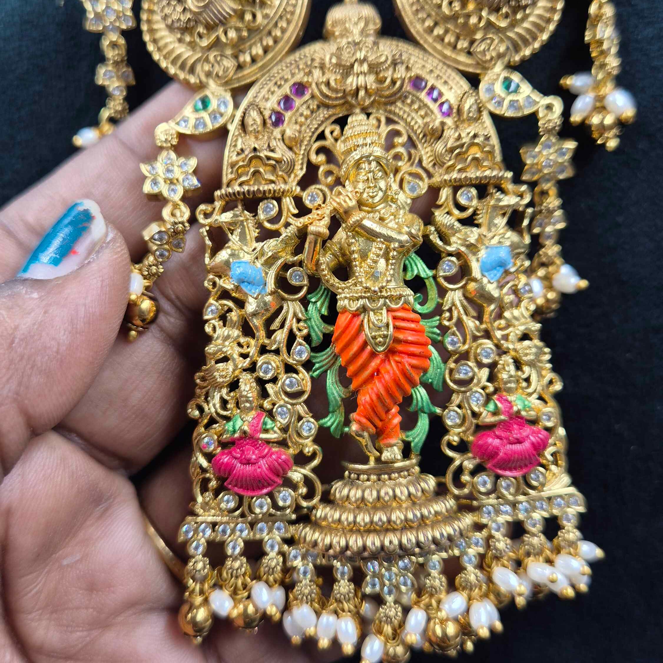 Lord Sri Krishna pendant Meenakari work Temple Jewellery Necklace Set with Matching Earrings | Bridal Jewellery