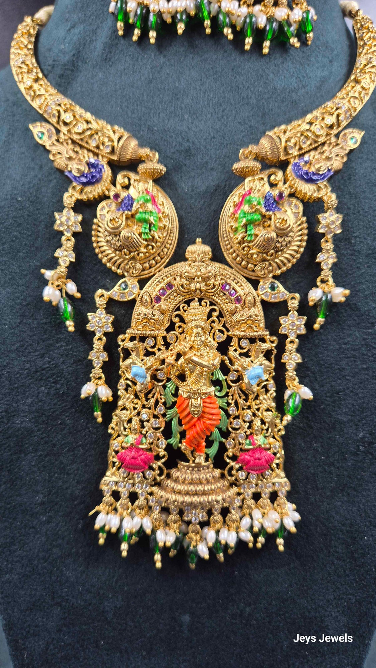Lord Sri Krishna pendant Meenakari work Temple Jewellery Necklace Set with Matching Earrings | Bridal Jewellery