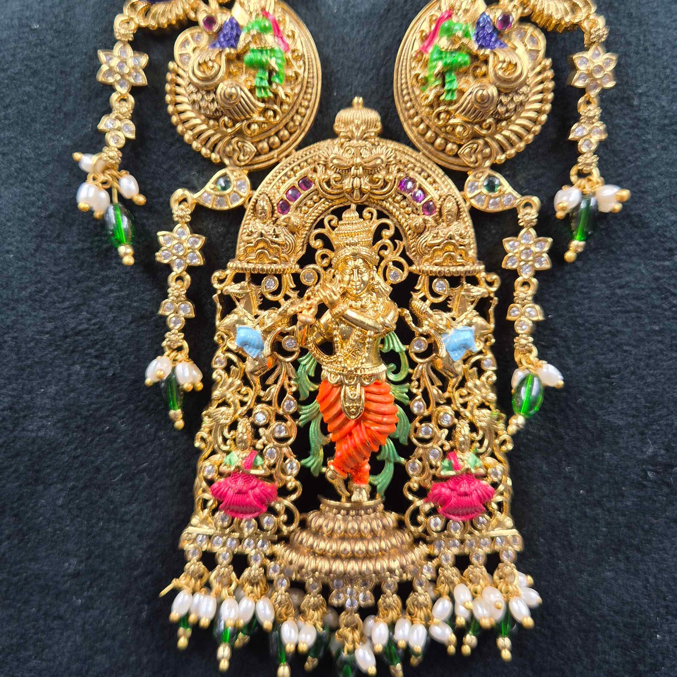 Lord Sri Krishna pendant  with green beads hanging in Meenakari work Temple Jewellery Necklace Set with Matching Earrings | Bridal Jewellery