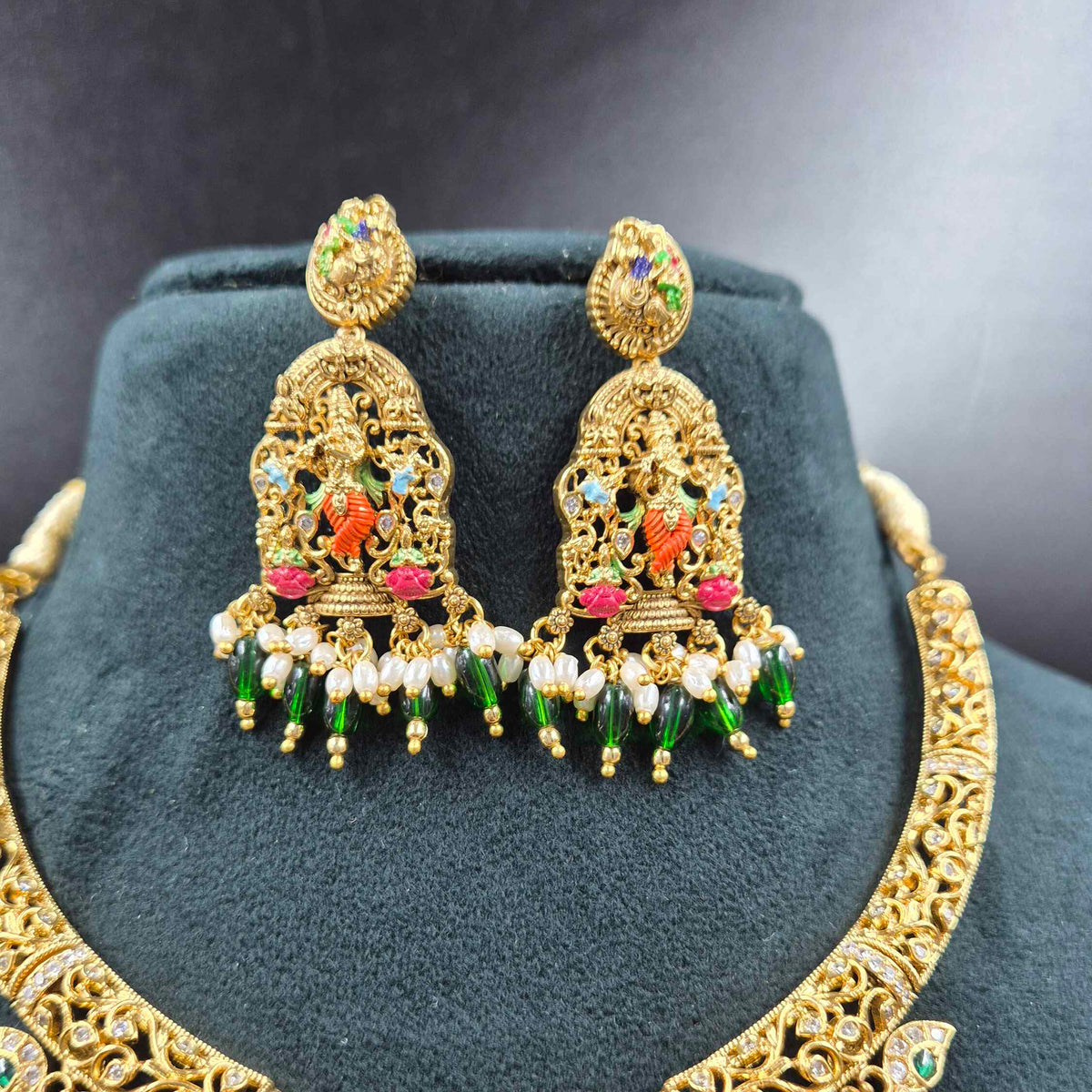Lord Sri Krishna pendant  with green beads hanging in Meenakari work Temple Jewellery Necklace Set with Matching Earrings | Bridal Jewellery