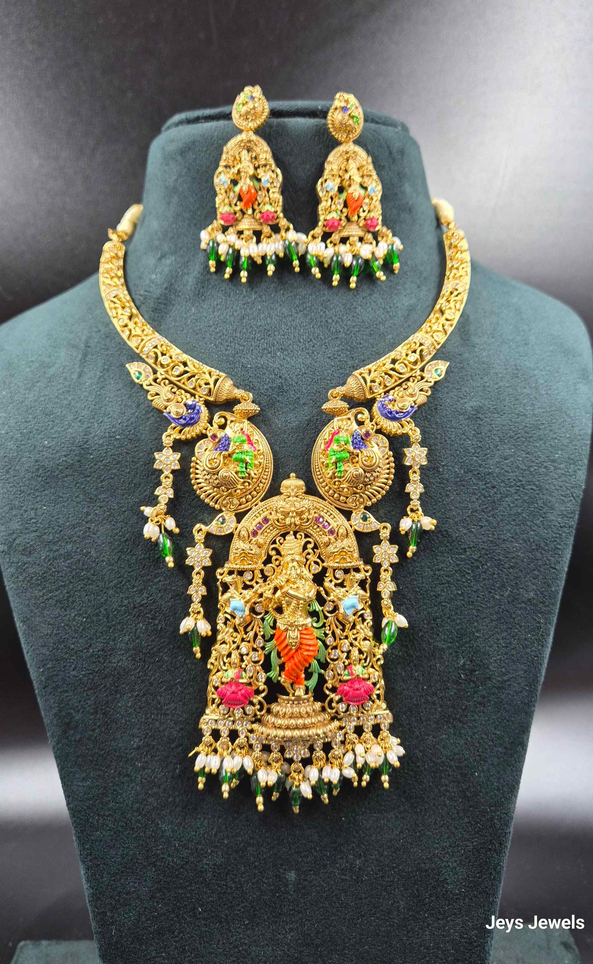 Lord Sri Krishna pendant  with green beads hanging in Meenakari work Temple Jewellery Necklace Set with Matching Earrings | Bridal Jewellery