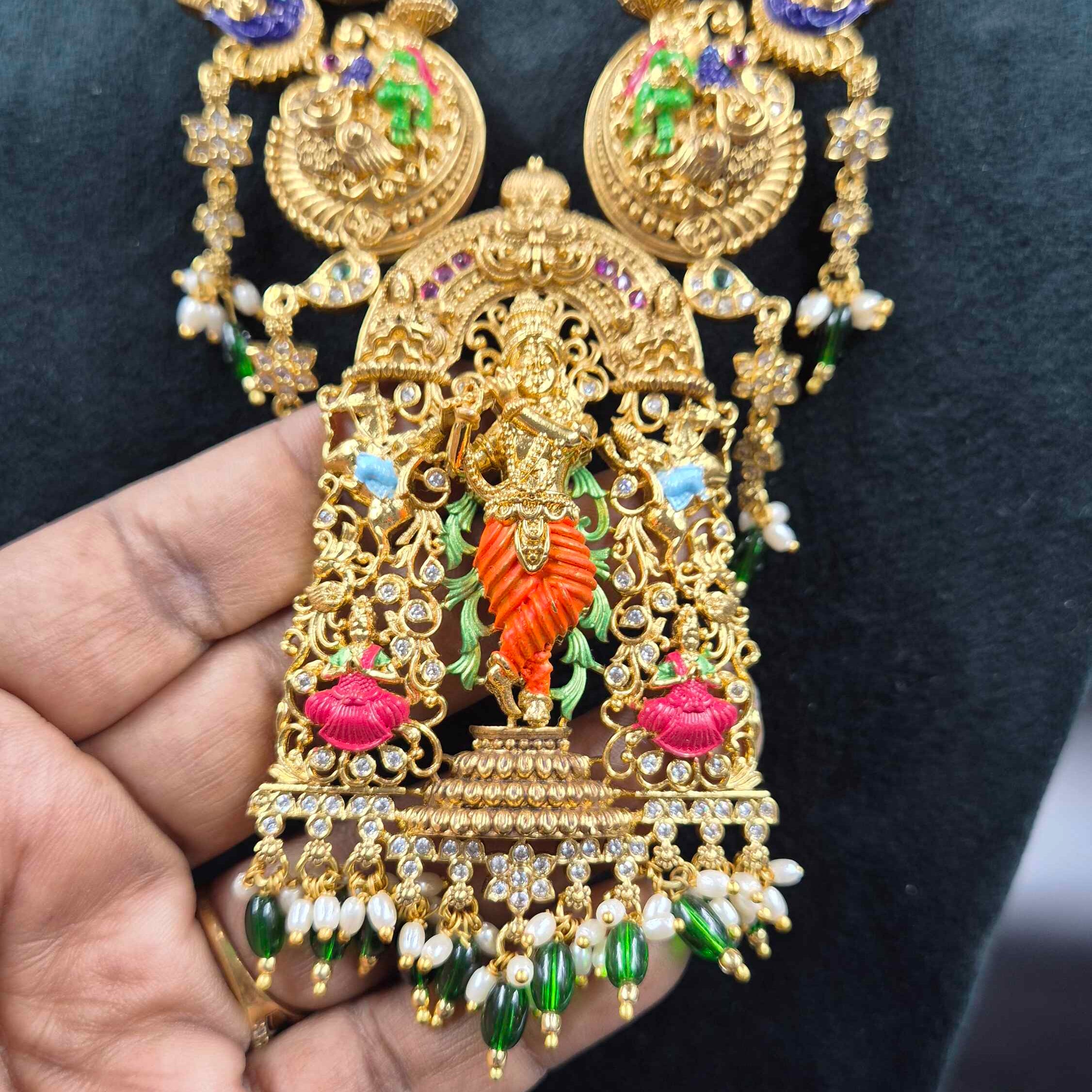 Lord Sri Krishna pendant  with green beads hanging in Meenakari work Temple Jewellery Necklace Set with Matching Earrings | Bridal Jewellery
