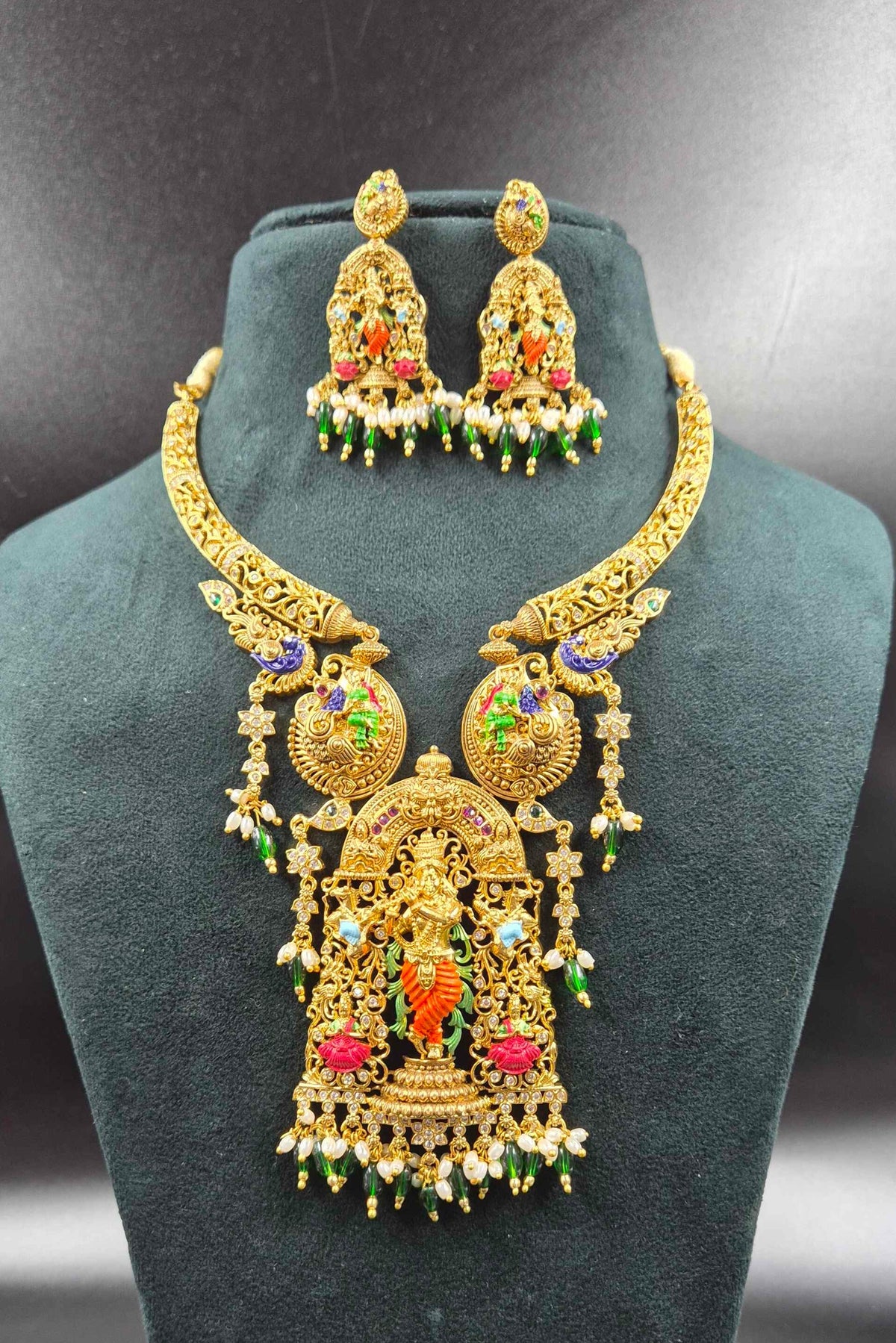 Lord Sri Krishna pendant  with green beads hanging in Meenakari work Temple Jewellery Necklace Set with Matching Earrings | Bridal Jewellery
