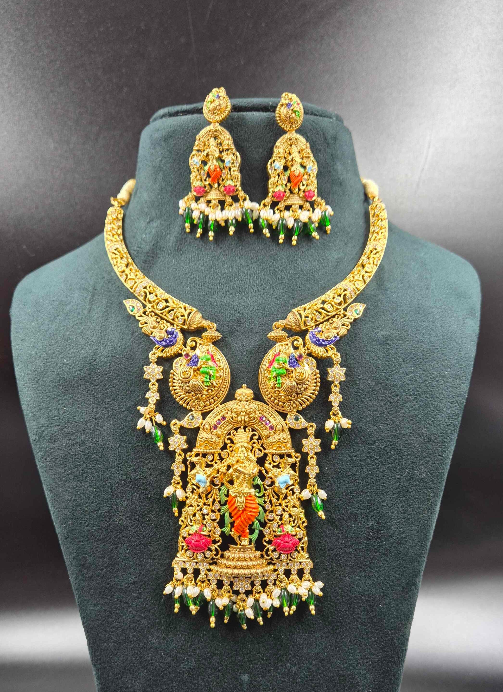 Lord Sri Krishna pendant  with green beads hanging in Meenakari work Temple Jewellery Necklace Set with Matching Earrings | Bridal Jewellery