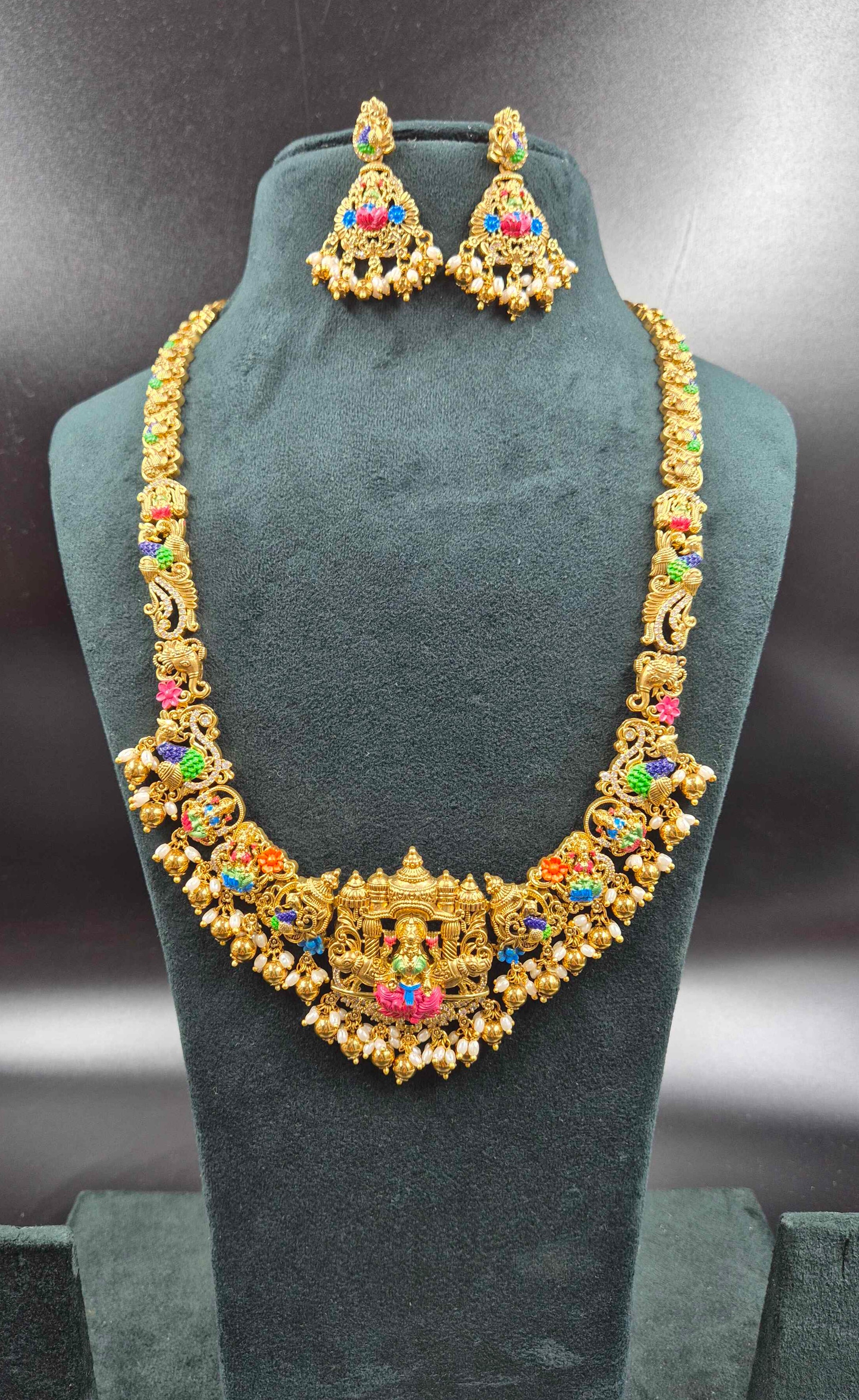 Meenakari Lakshmi Temple Necklace Set with Earrings | Jeys Jewels