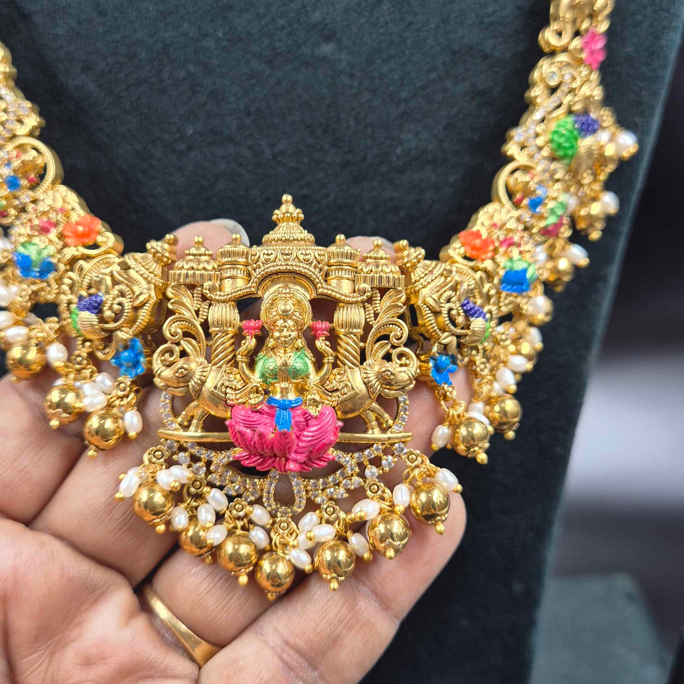 Meenakari Lakshmi Temple Necklace Set with Earrings | Jeys Jewels