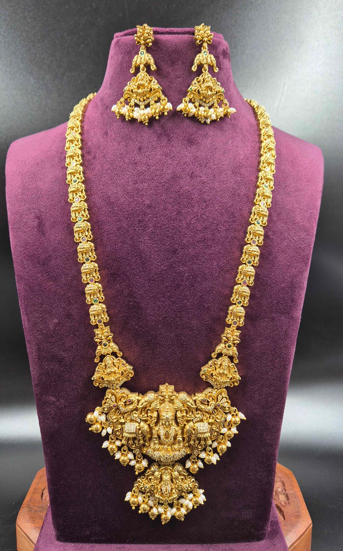 Gajalakshmi Elephant Motif Haram with white stones and Pearl Drops | Temple Jewellery