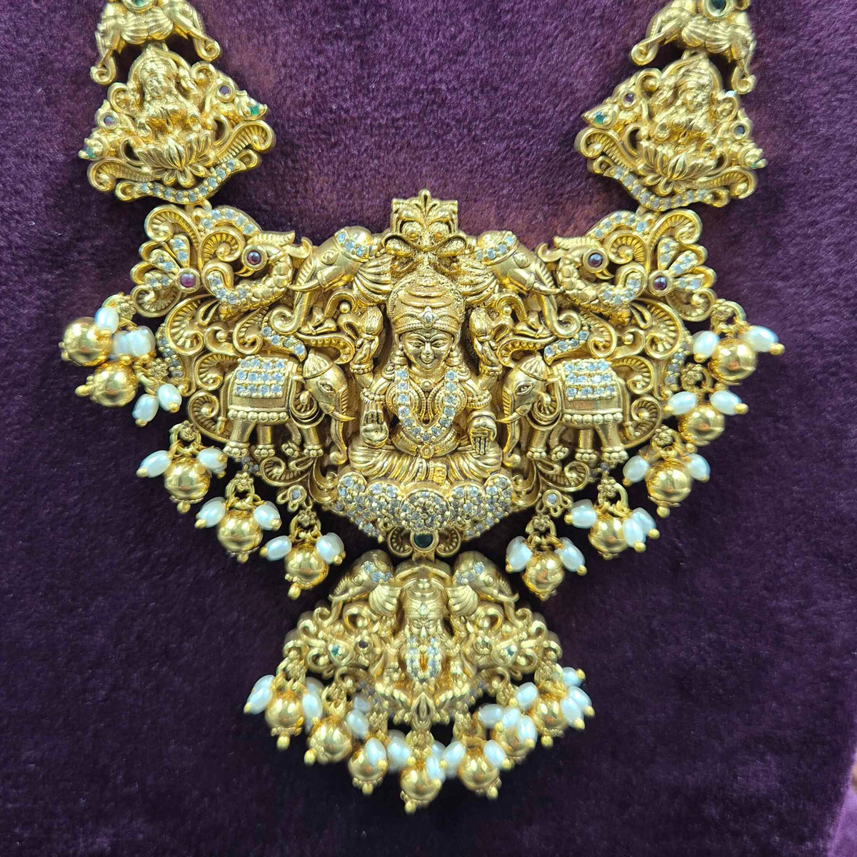 Gajalakshmi Elephant Motif Haram with white stones and Pearl Drops | Temple Jewellery