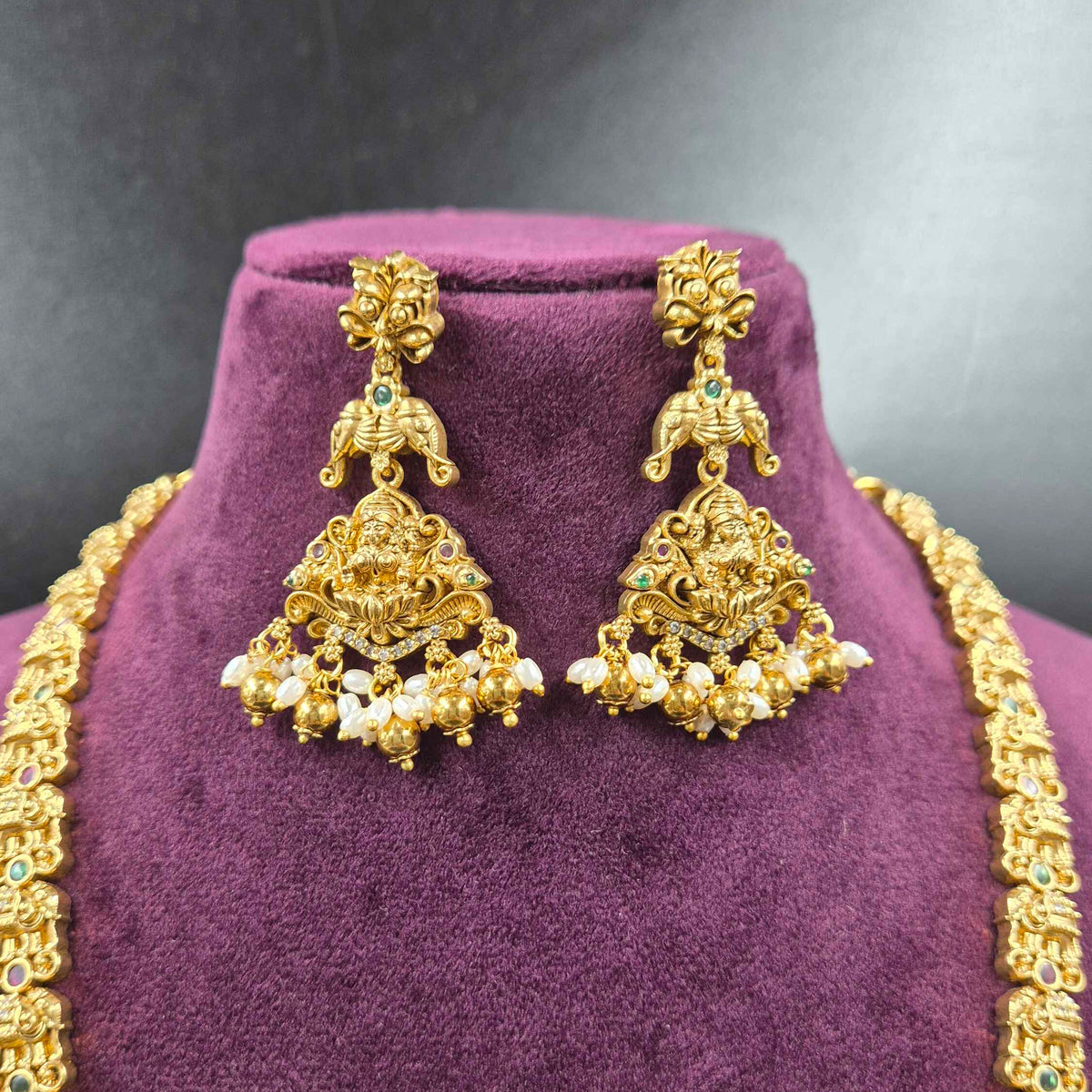Gajalakshmi Elephant Motif Haram with white stones and Pearl Drops | Temple Jewellery