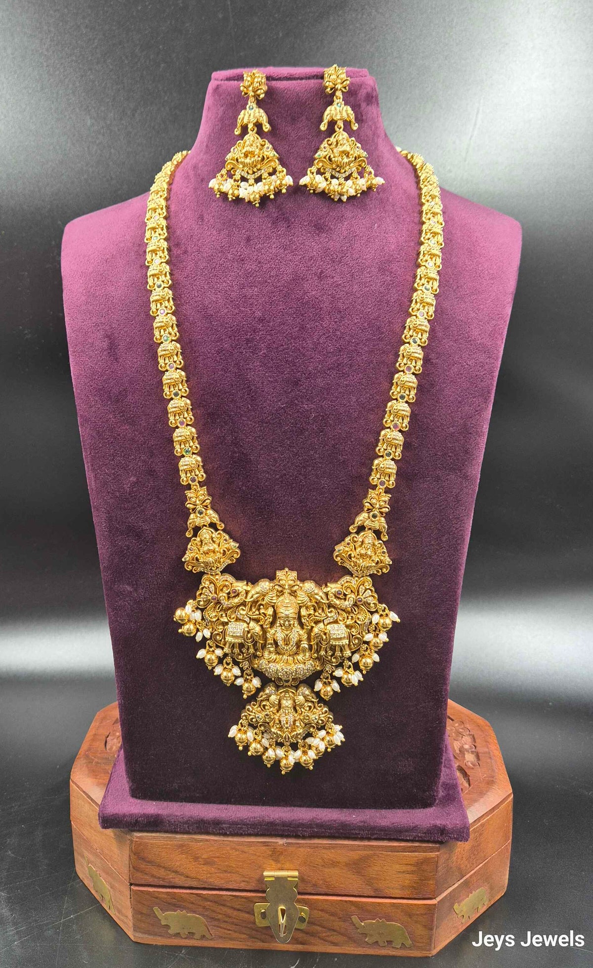 Gajalakshmi Elephant Motif Haram with white stones and Pearl Drops | Temple Jewellery